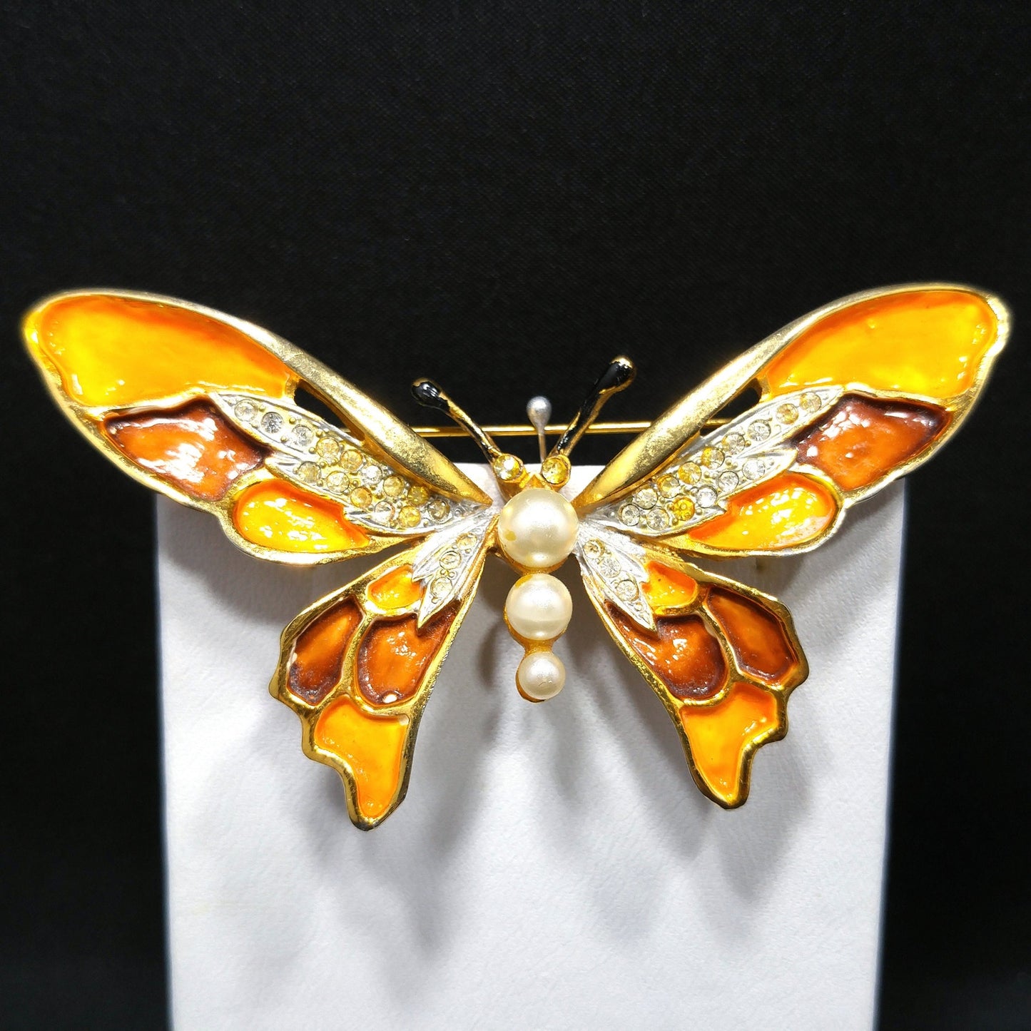 Kramer Orange Enamel Butterfly Brooch, Gold Plated, 1960s Vintage Jewelry