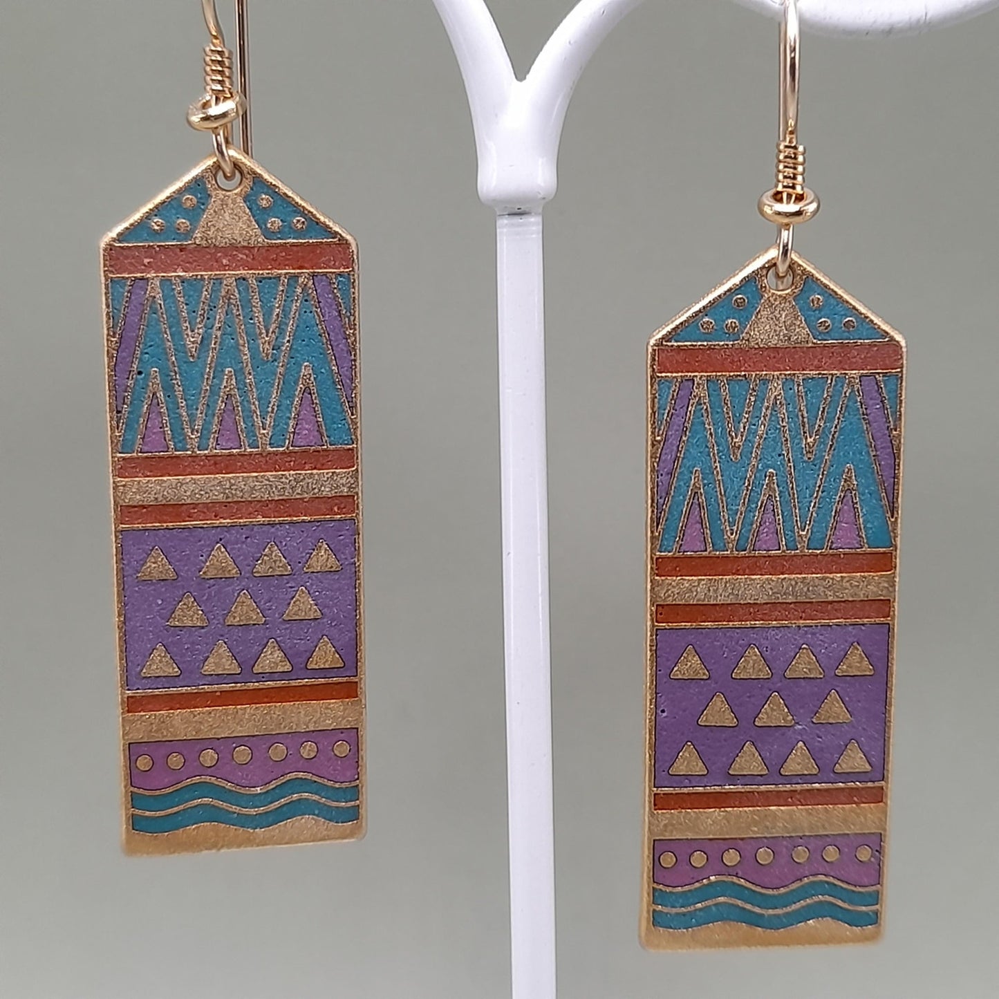 Vintage Laurel Burch "Umbla" Geometric Earrings, 2 3/8 Inch, Gold Plated, 1980s
