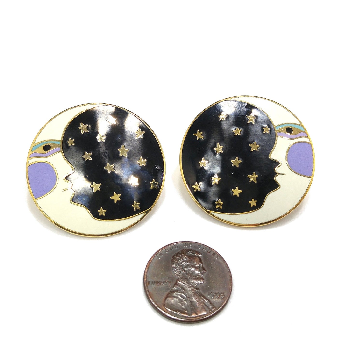 Laurel Burch "Moonface" Large Post Earrings, Cloisonné Gold Plate, Enamel Black White Purple, 1980s Vintage Jewelry