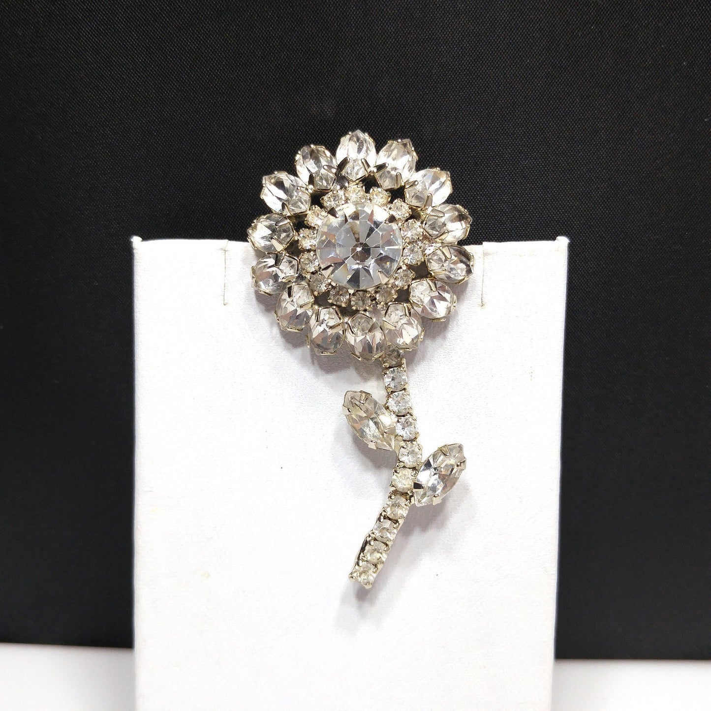 Clear Rhinestone Flower Brooch, Rhodium Plated, 1960s Vintage Jewelry