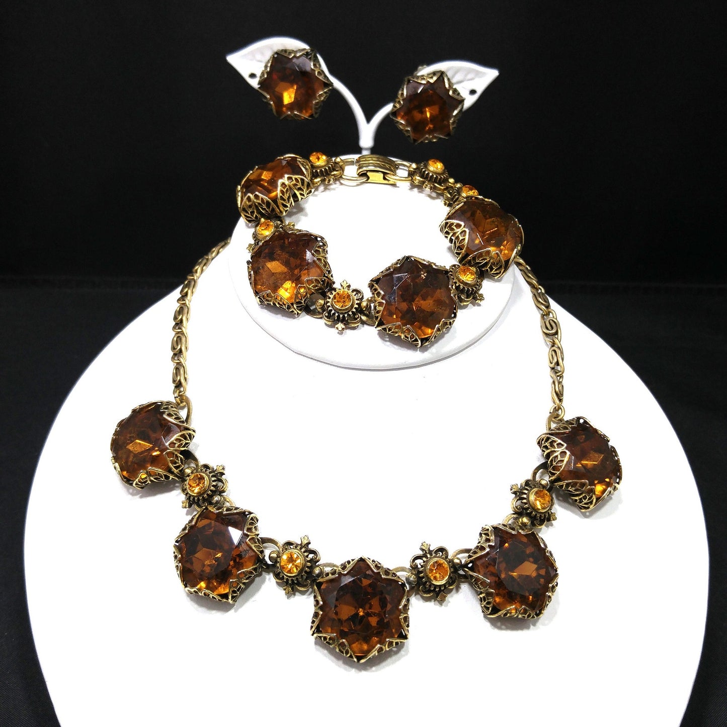 Vintage Topaz Glass Necklace Bracelet Earrings Set, Filigree Golden Brass, 1950s Vintage Jewelry