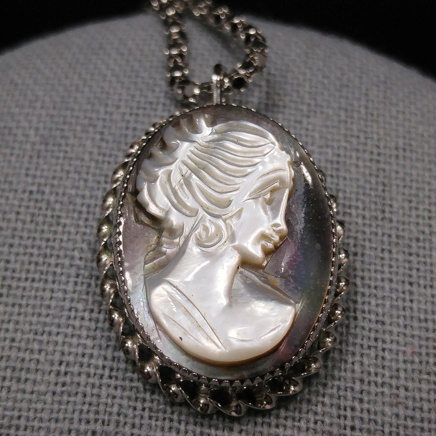 Abalone Shell Cameo Pendant Brooch, 925 Silver Necklace, 1970s Vintage Jewelry