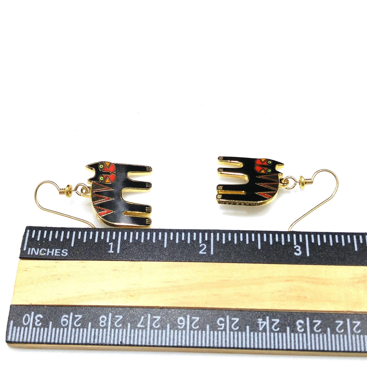 Vintage Laurel Burch "Tiger" Drop Earrings, Gold Plated, Black Red Enamel, 2005