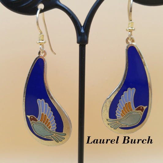 Vintage Laurel Burch Swallow Bird Blue Enamel Earrings, Gold Plated