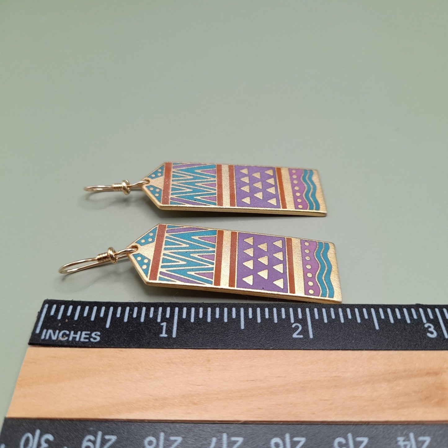 Vintage Laurel Burch "Umbla" Geometric Earrings, 2 3/8 Inch, Gold Plated, 1980s