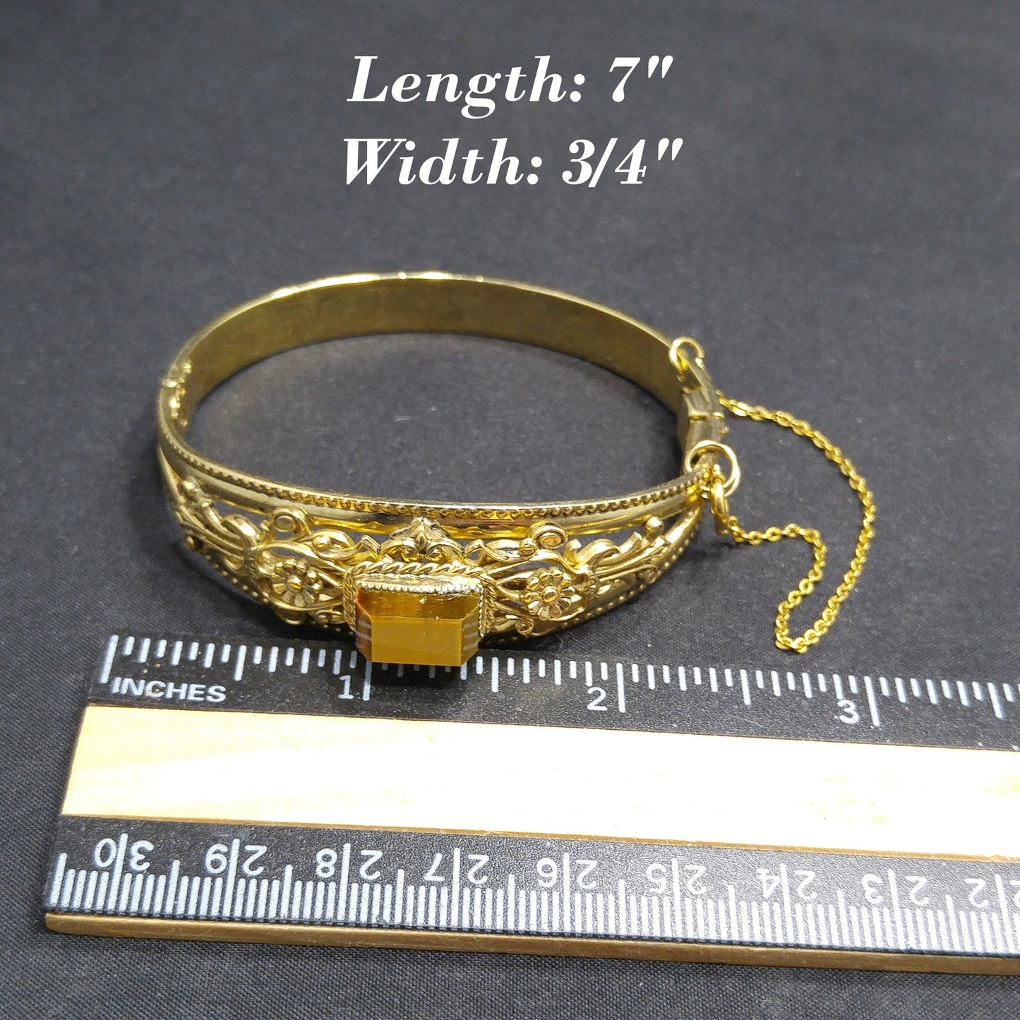 Gemstone Filigree Hinged Bracelet, Safety Chain, 1940s Vintage Jewelry