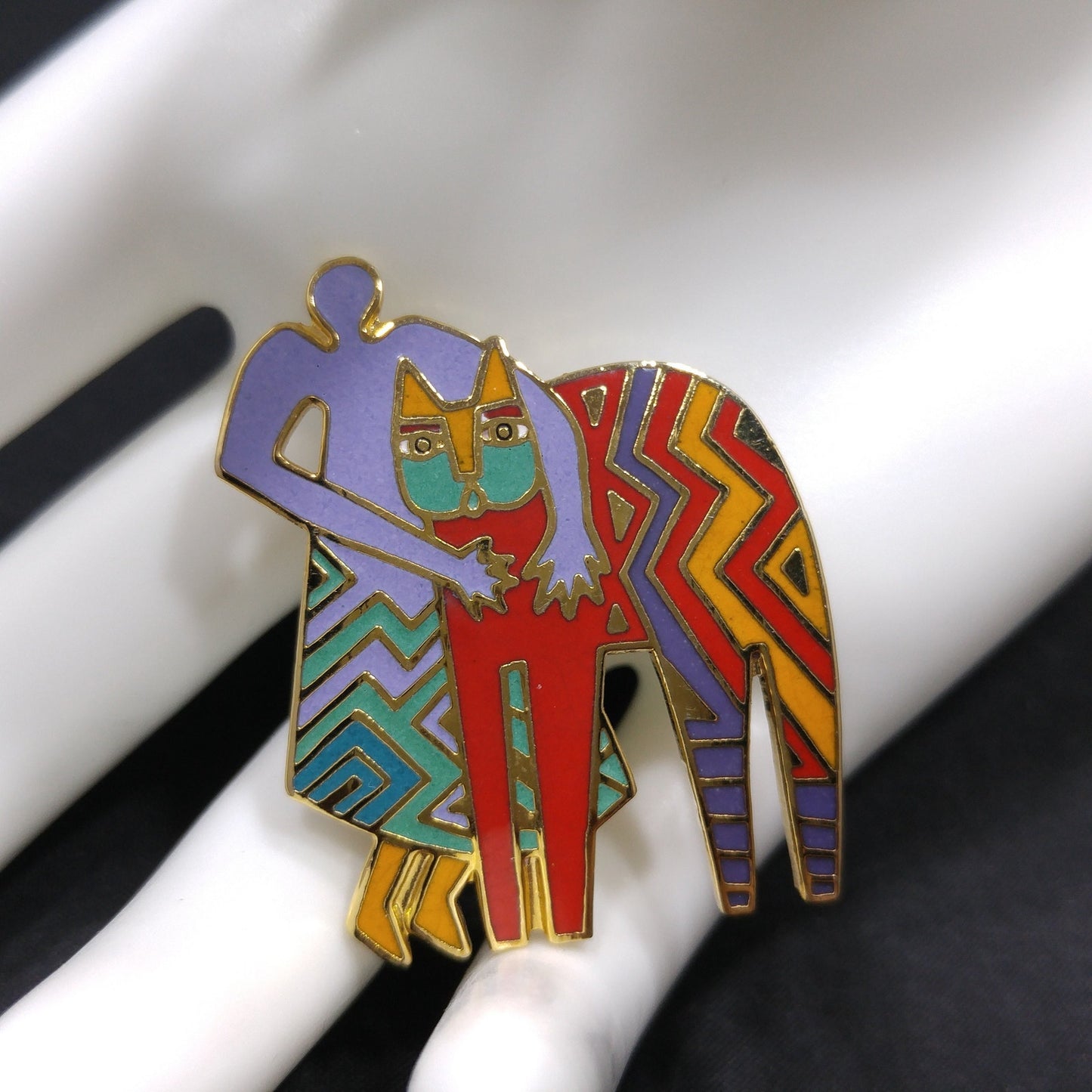 Laurel Burch Vintage "Best Friends" Brooch, Gold Plated Cloisonne Enamel, 1980s Vintage Jewelry