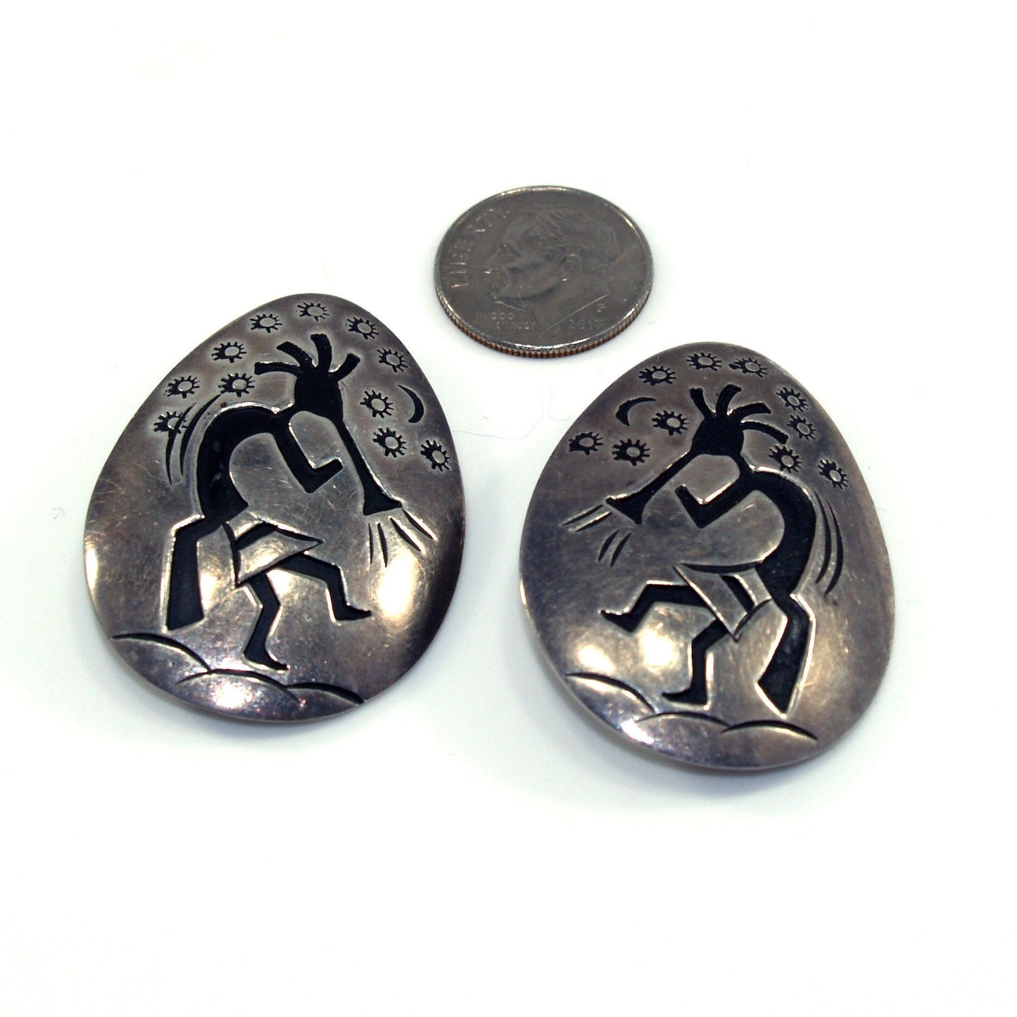 Navajo Clip Earrings, Sterling Silver Kokopelli, Della & Francis James, 1960s