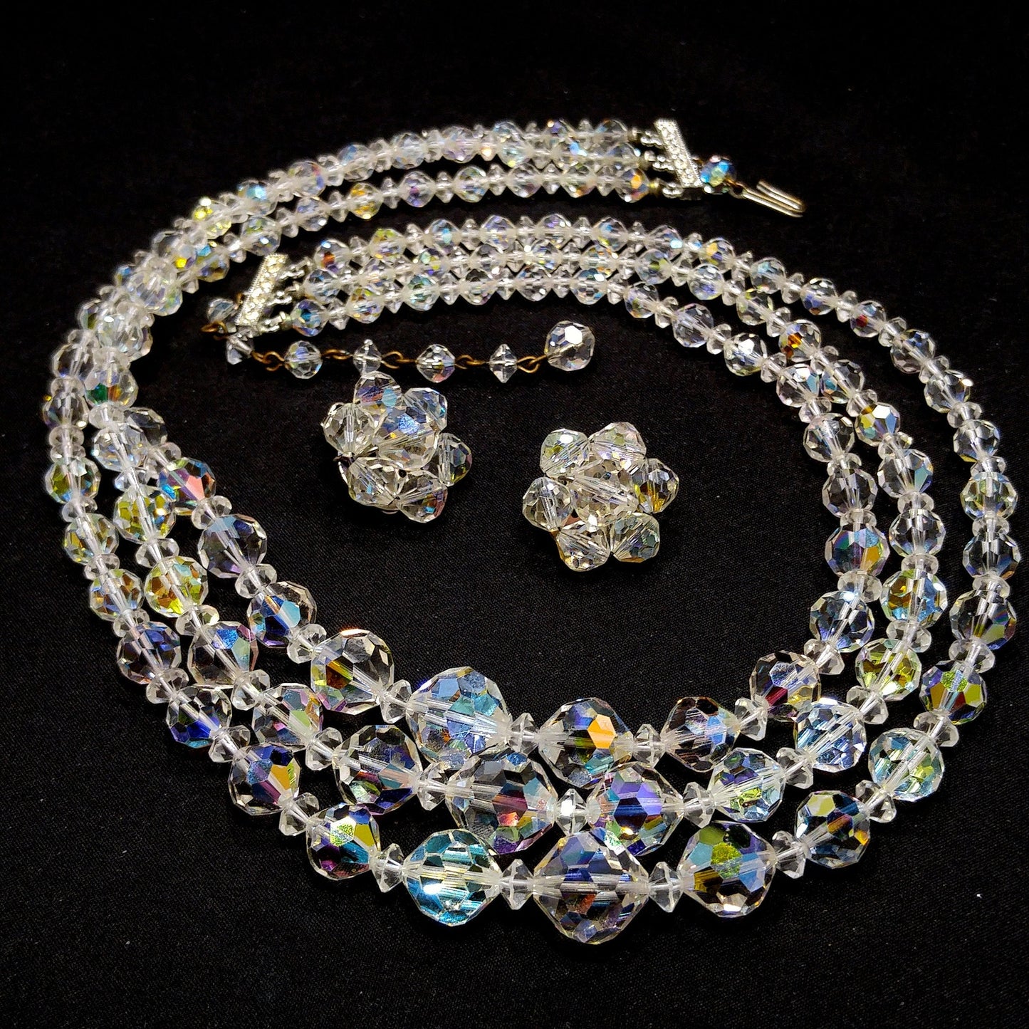 AB Crystal Beaded Necklace Earrings Set, Clear Aurora Borealis Beads, 1950s Vintage Jewelry