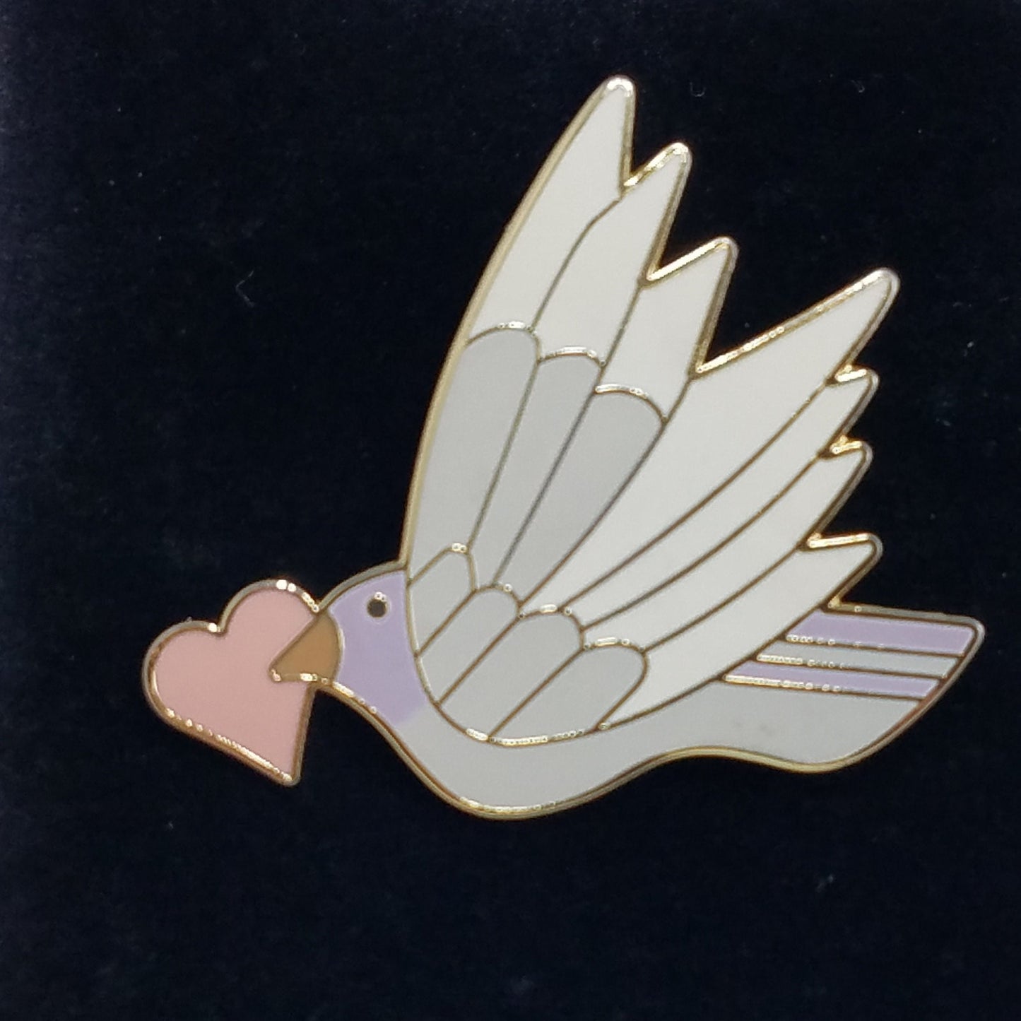 Vintage Laurel Burch "Celeste With Heart" Pendant Brooch, Grey White Enamel Bird