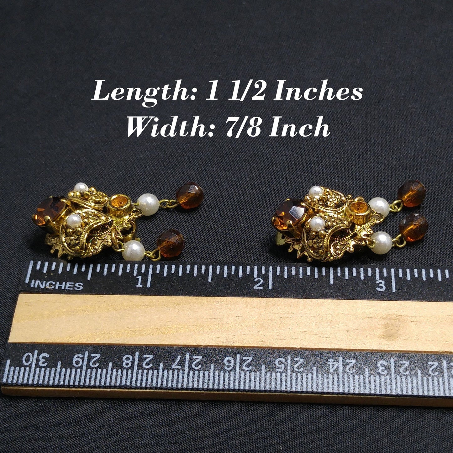 Western Germany Topaz Filigree Clip Earrings, Faux Pearls, 1950s Vintage Jewelry