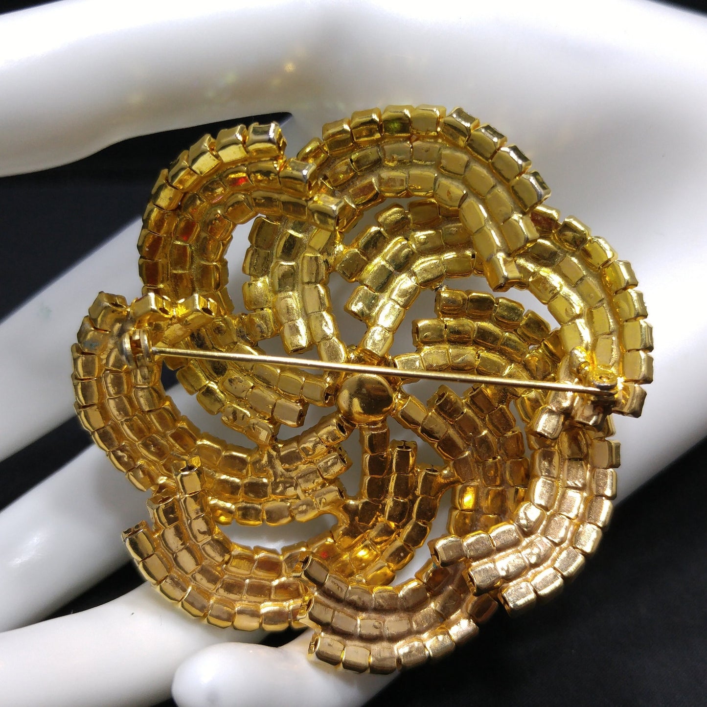 Vintage Pinwheel Rhinestones Brooch, AB Clear Red Rhinestones, Gold Plated, 1960s