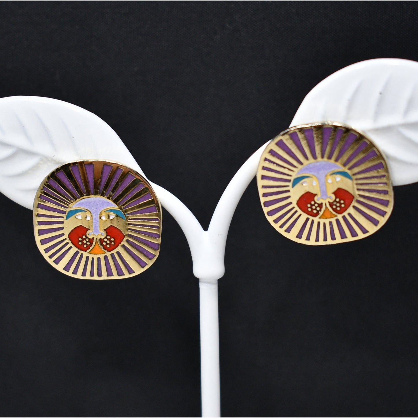 Laurel Burch "Leonardo" Post Earrings, Gold Plated Enamel Lions, 1980s Vintage Jewelry