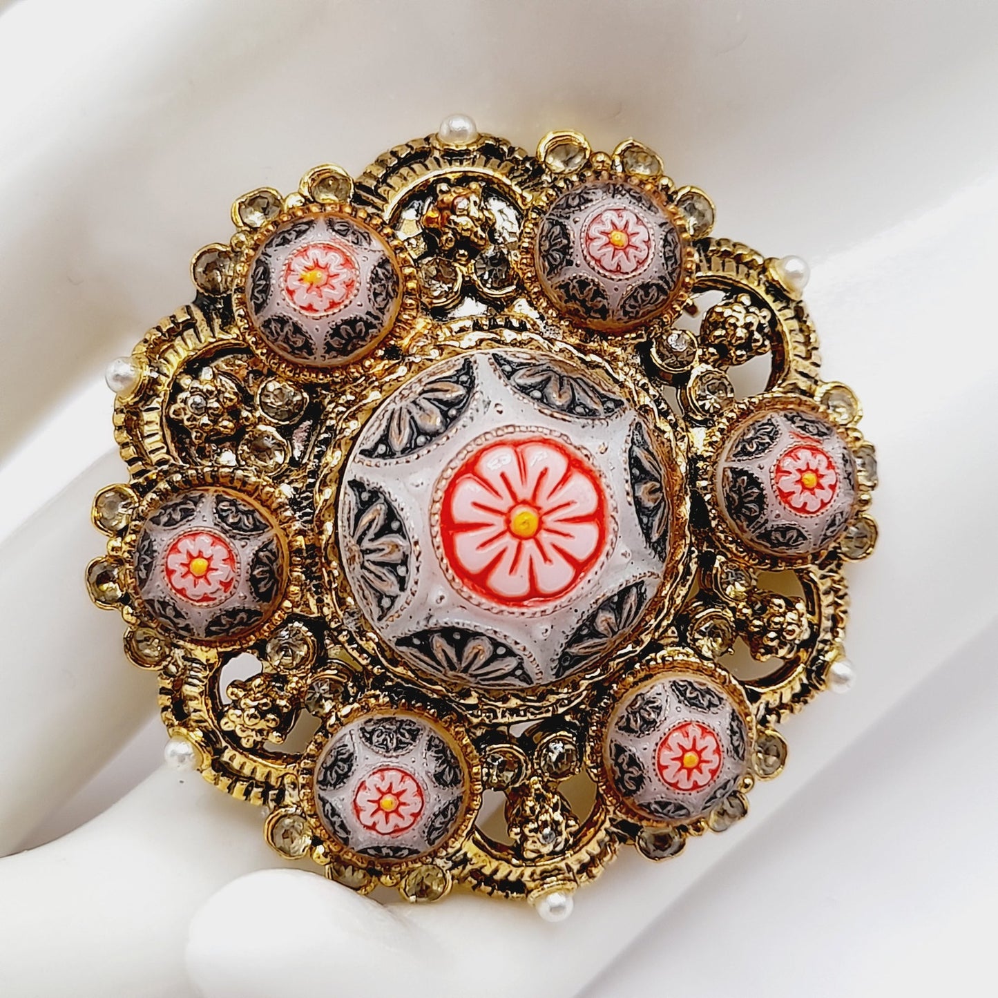 Vintage Micro Mosaic Floral Brooch, Gold Tone Filigree, 1 3/4 Inches