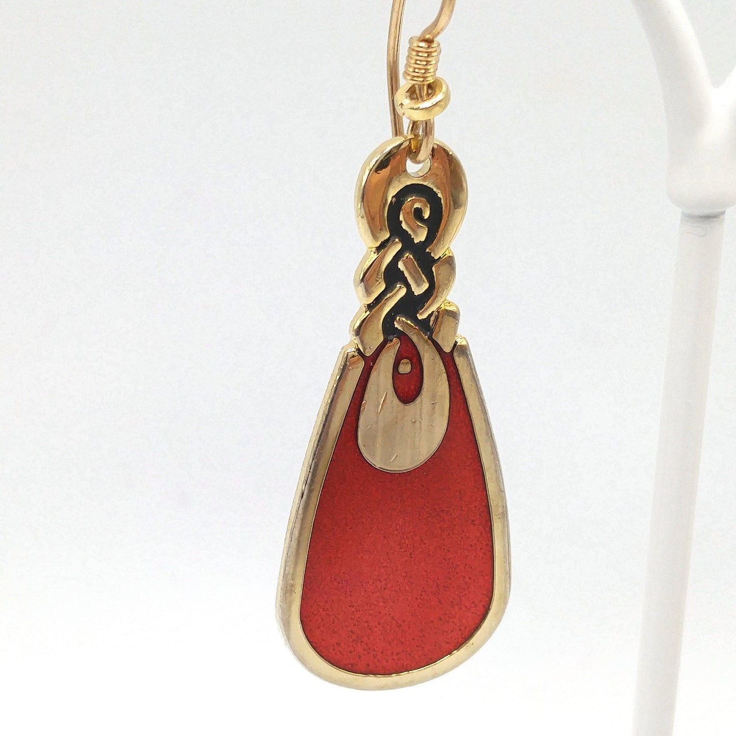 Vintage Laurel Burch Love Knot Earrings, Red Enamel, Gold Plated