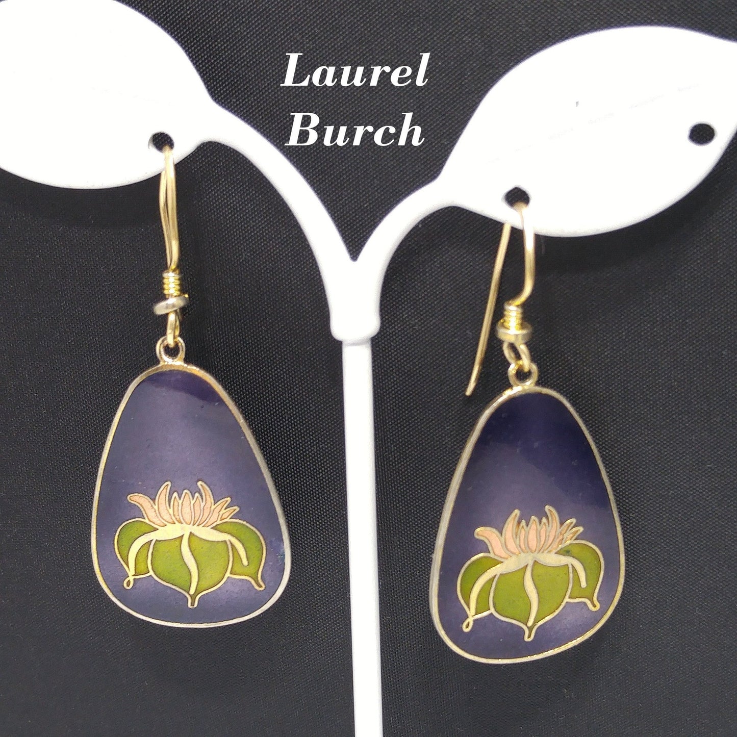 Vintage Laurel Burch Water Lily Earrings, Dark Blue Pink Green Enamel