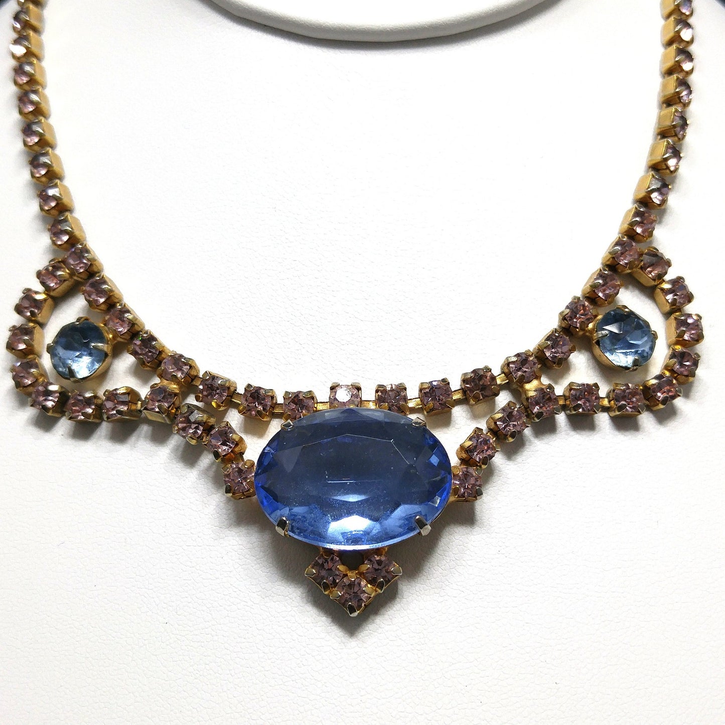 Large Blue & Pink Rhinestone Necklace, Gold Plated, 1950s Vintage Jewelry