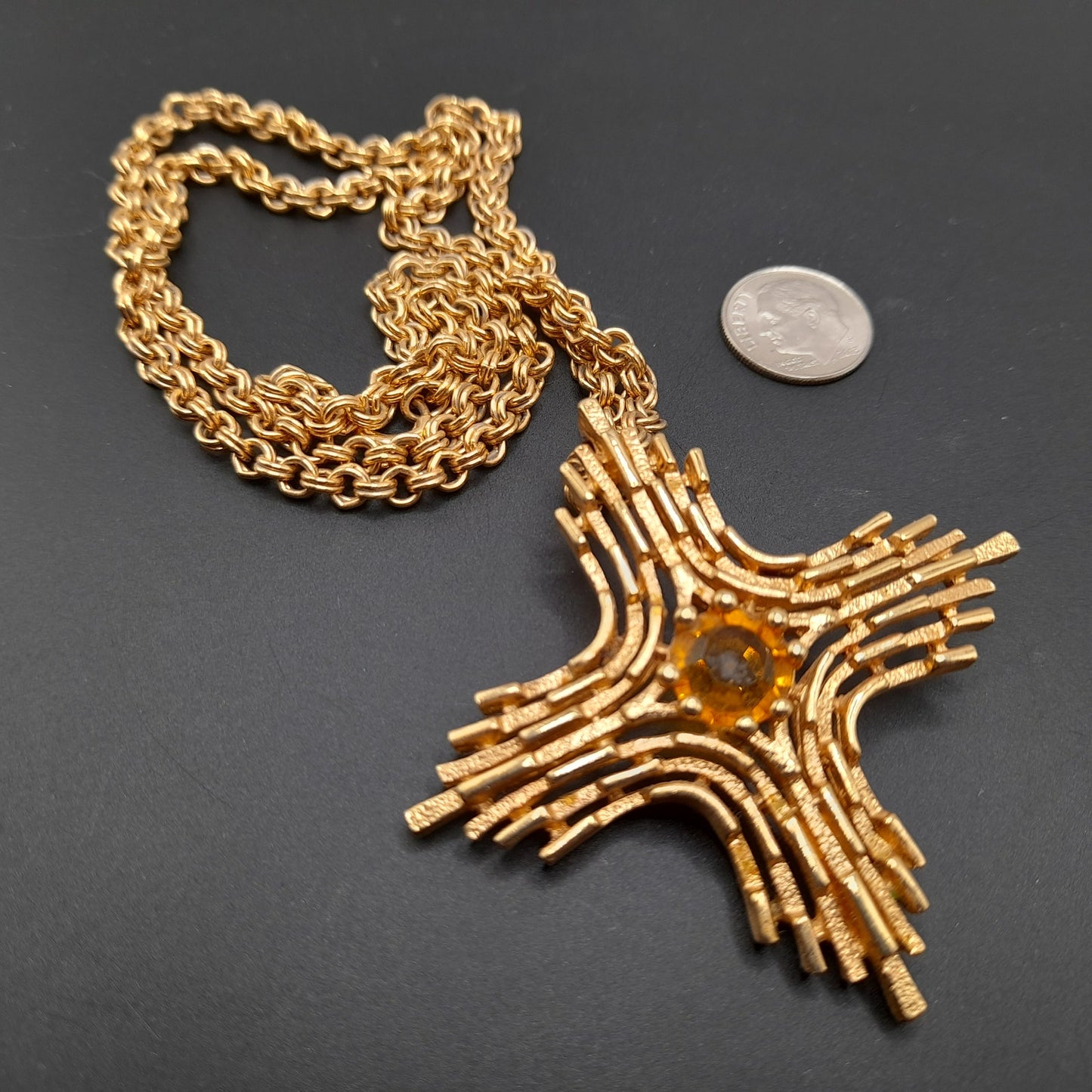 Vintage Sarah Coventry 1970s Yellow Rhinestone Cross Pendant Necklace