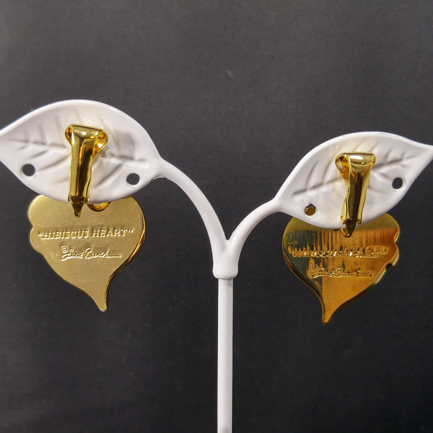 Vintage Laurel Burch "Hibiscus Heart" Clip Earrings, Cloisonne Gold Plated, 1980