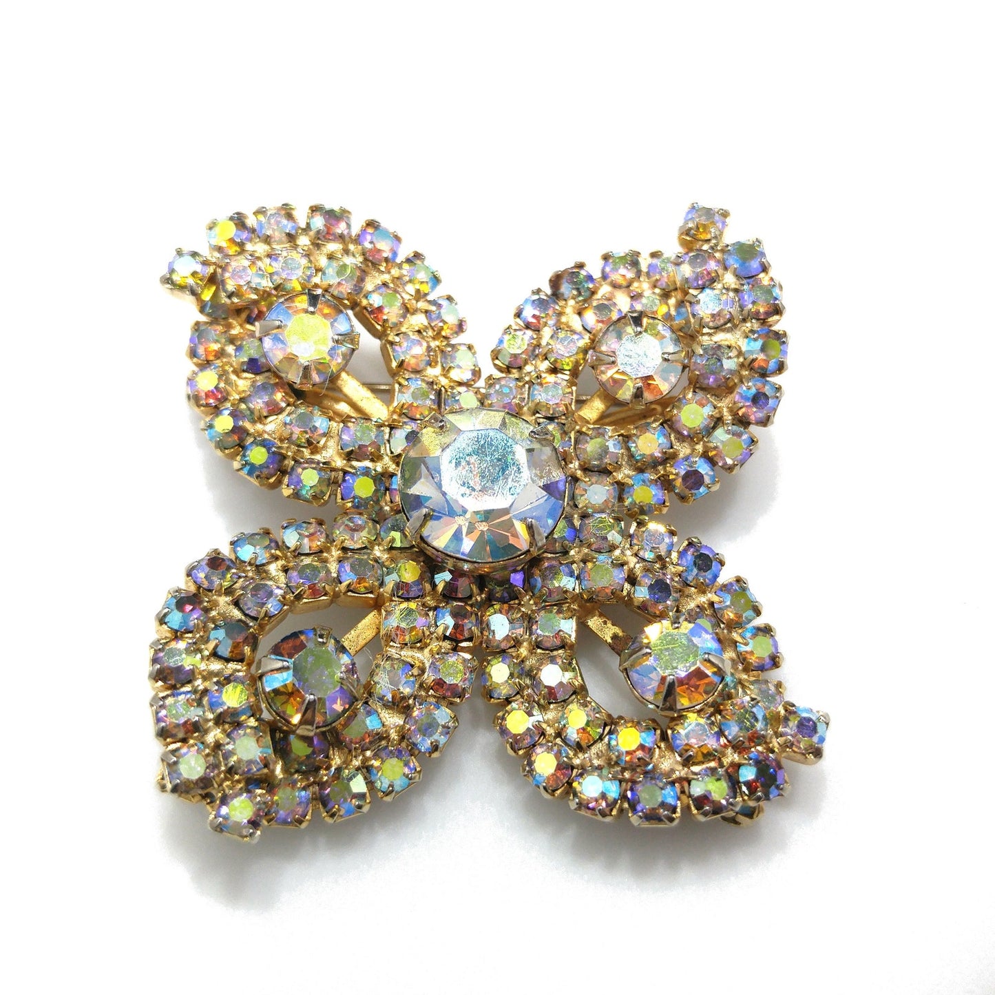 Aurora Borealis Flower Brooch, Gold Plated, 1960s Vintage Jewelry