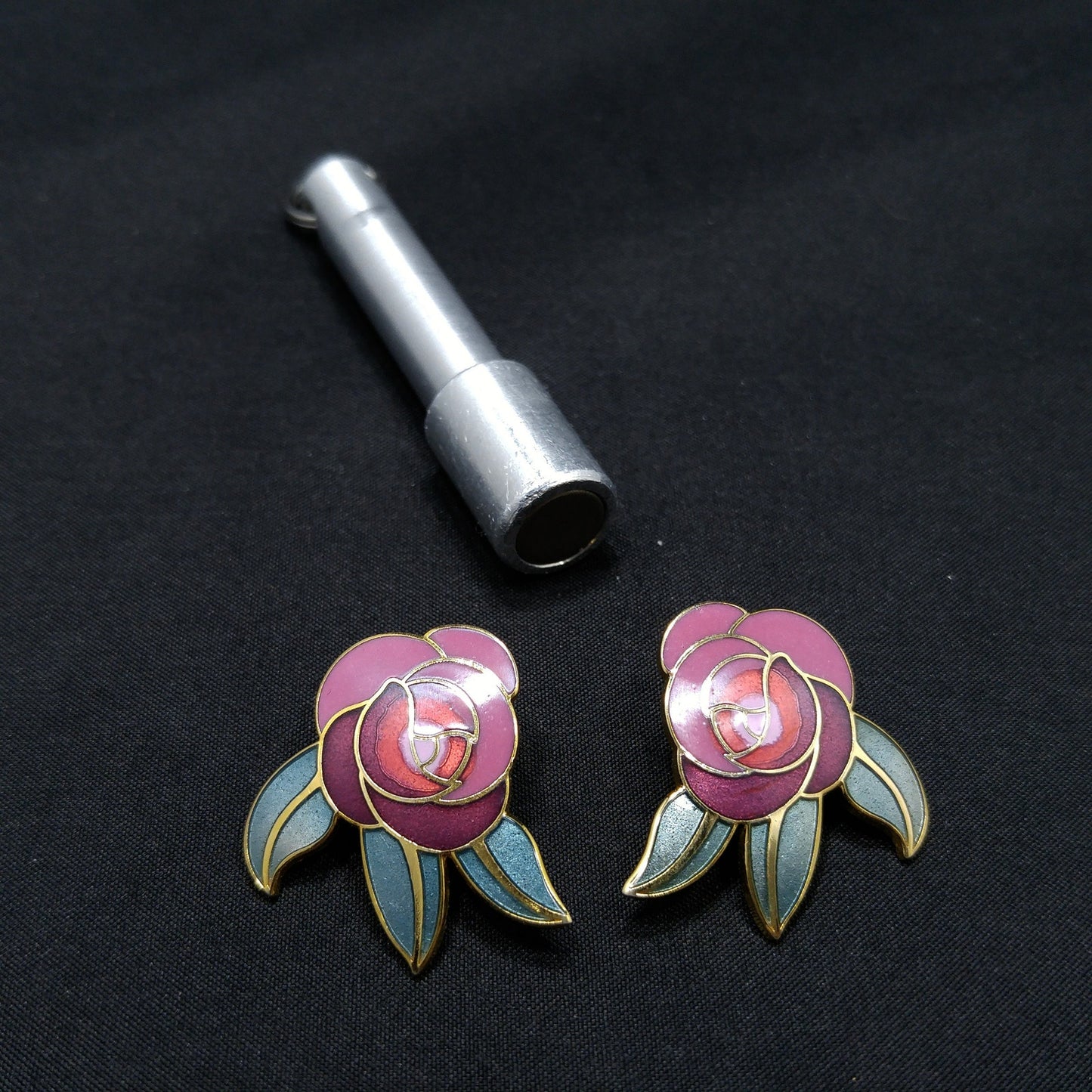 Laurel Burch "Deco Rose" Clip On Earrings, Pink Red Green Enamel, Gold Plated