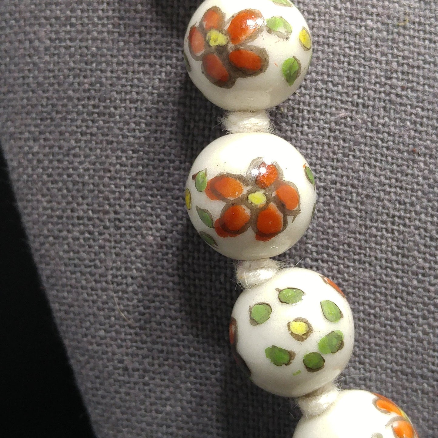 Vintage Ceramic Hand Painted Bead Necklace, Chinese Import, Hand-Knotted, 1960s
