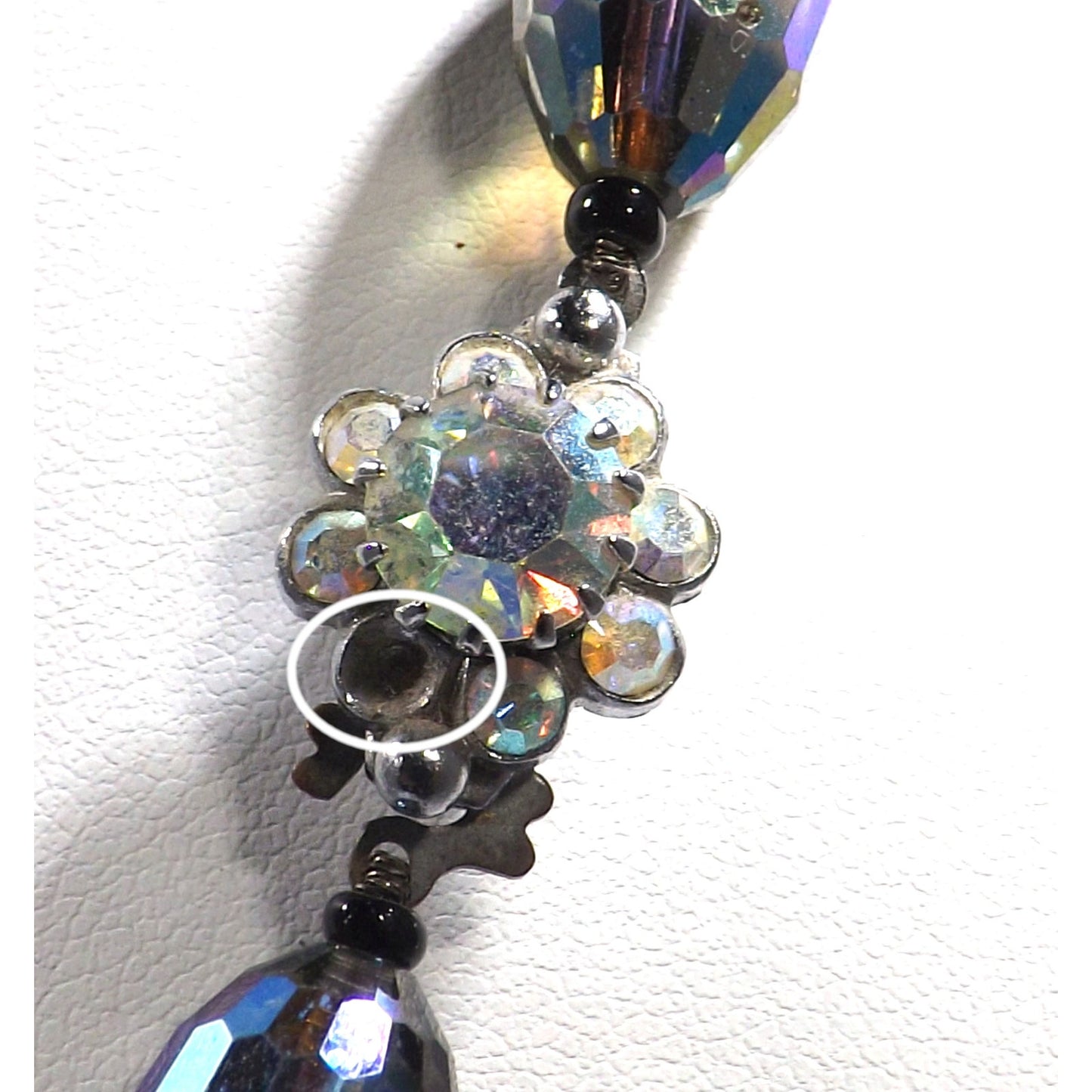 Vintage Chess Oval Aurora Borealis Crystal Beaded Necklace, Rhinestone Clasp, 1960s Vintage Jewelry