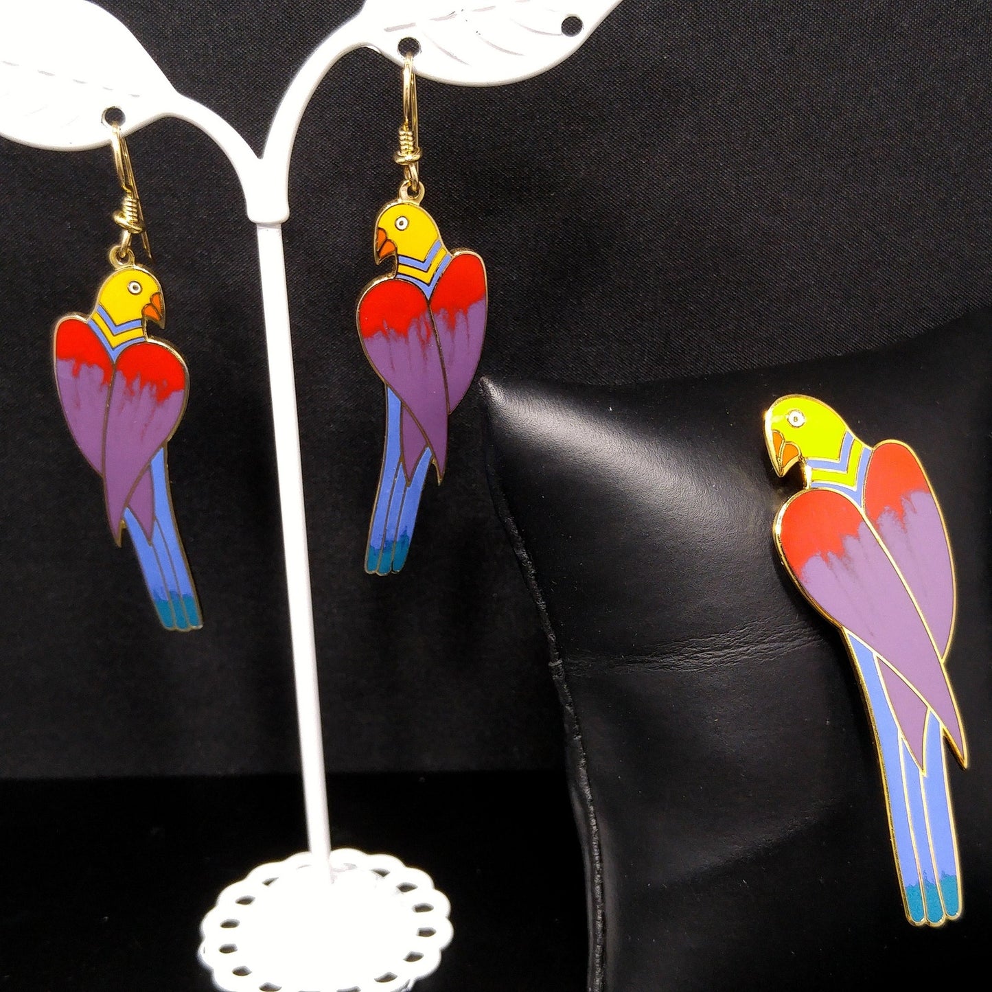 Laurel Burch Cezanne Parrot Earrings & Brooch Set, 22 KG Plated Cloisonné Enamel, 1980s Vintage Jewelry