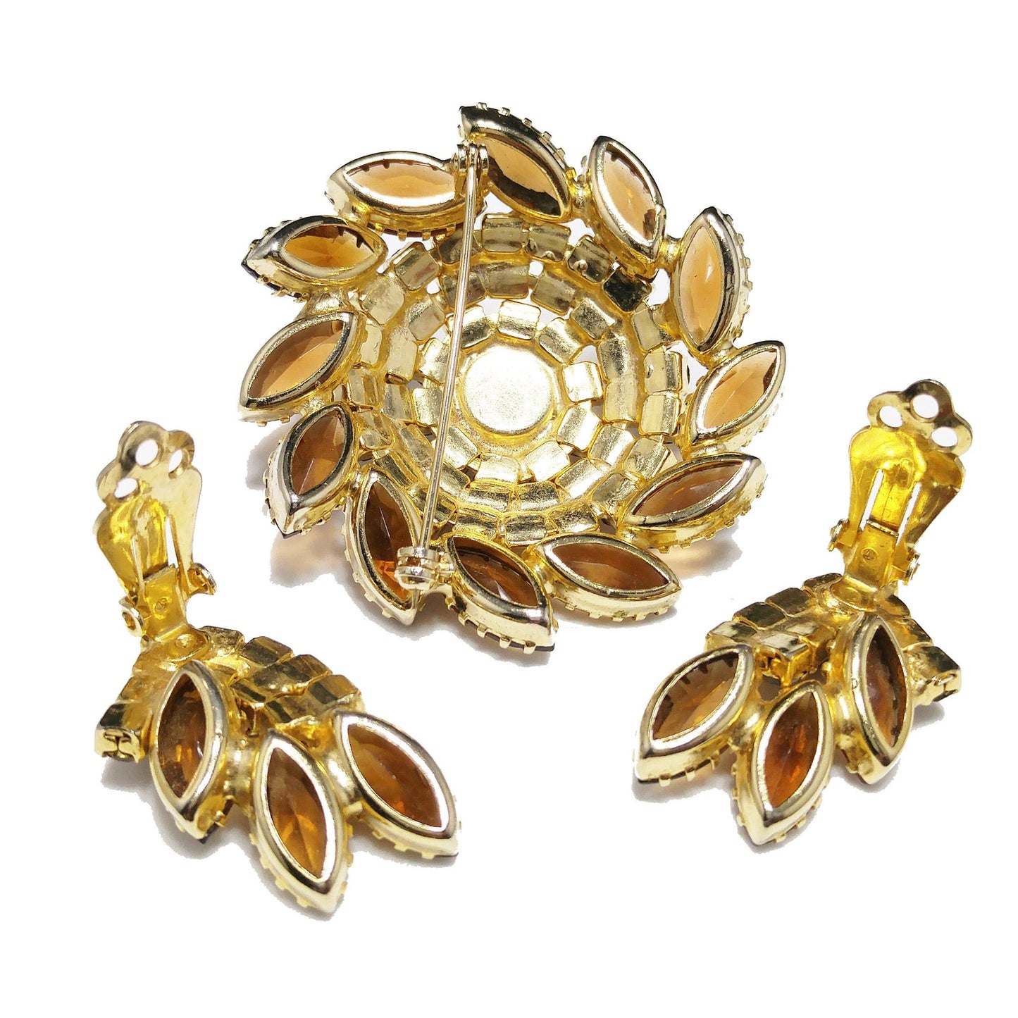 Domed Topaz Rhinestone Brooch & Earrings Set, Gold Plated, 1960s