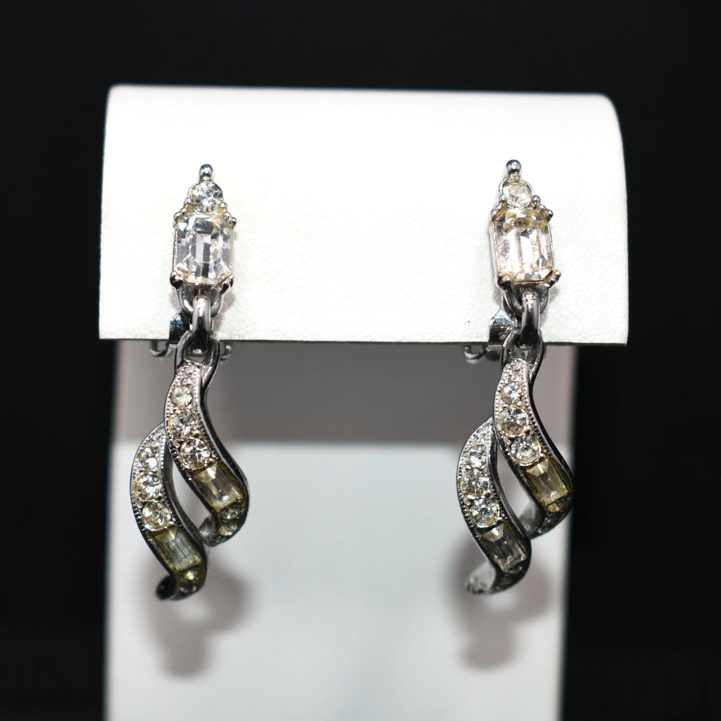 Bogoff Clear Rhinestone Clip Dangle Earrings, Rhodium Plated, Wedding Earrings, 1950s Vintage Jewelry