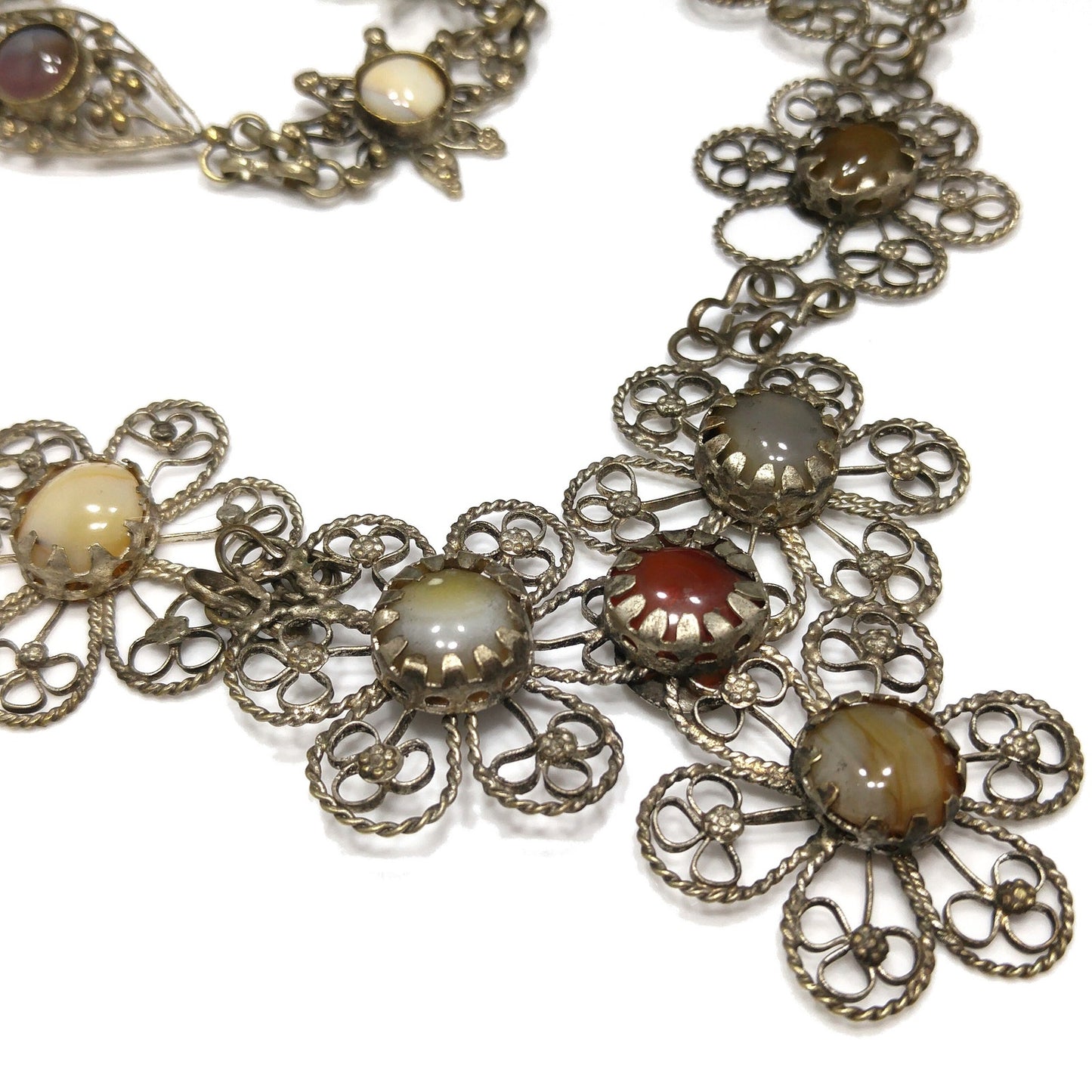 Multicolored Gemstones Twisted Wire Necklace & Bracelet, German or Nickel Silver, 1970s Vintage Jewelry