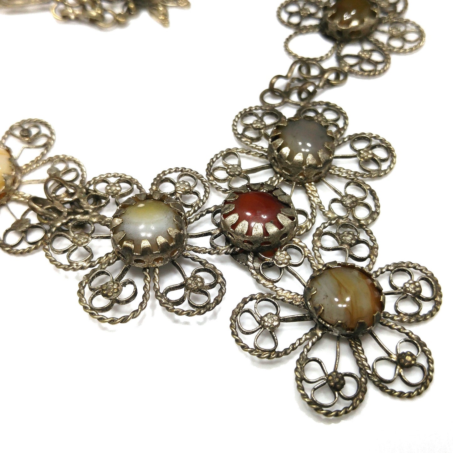 Multicolored Gemstones Twisted Wire Necklace & Bracelet, German or Nickel Silver, 1970s Vintage Jewelry