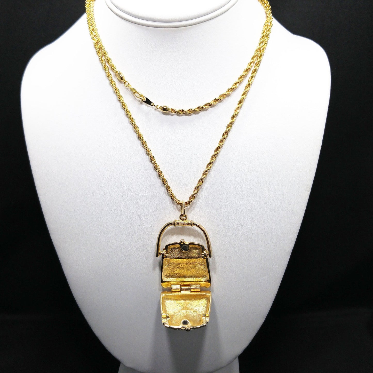Swarovski Purse Pendant Necklace, Black Enamel & Crystal Handbag Locket, Vintage 1980s Jewelry