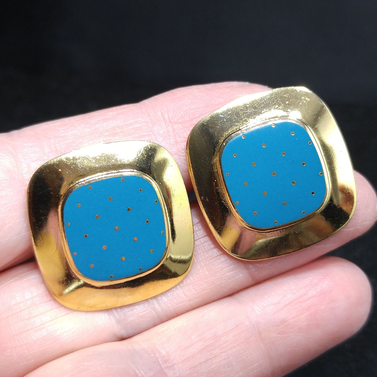 Vintage Laurel Burch "Mastriano" Clip Earrings, Teal Blue Enamel, Gold Plated