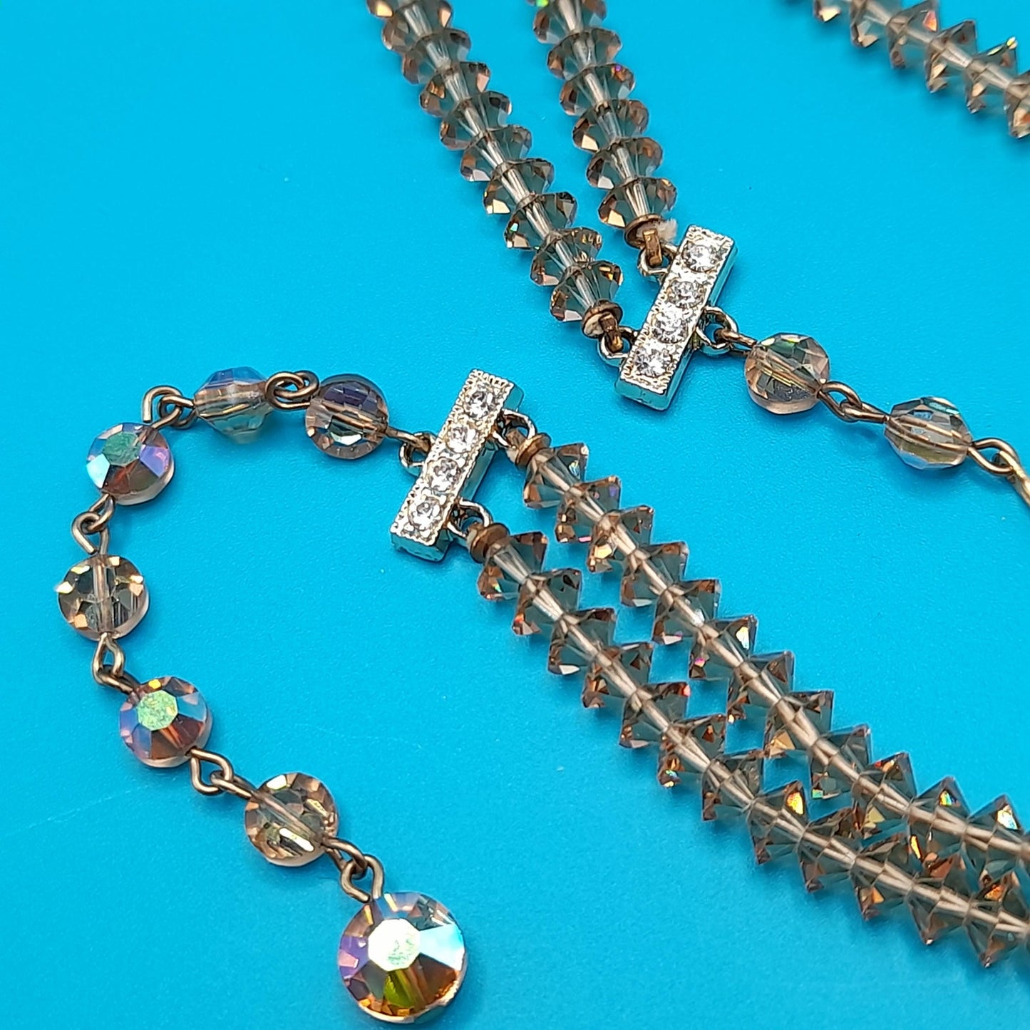 Light Topaz Crystal Necklace, Aurora Borealis, Rhinestone End Bars, 1960s Vintage Jewelry