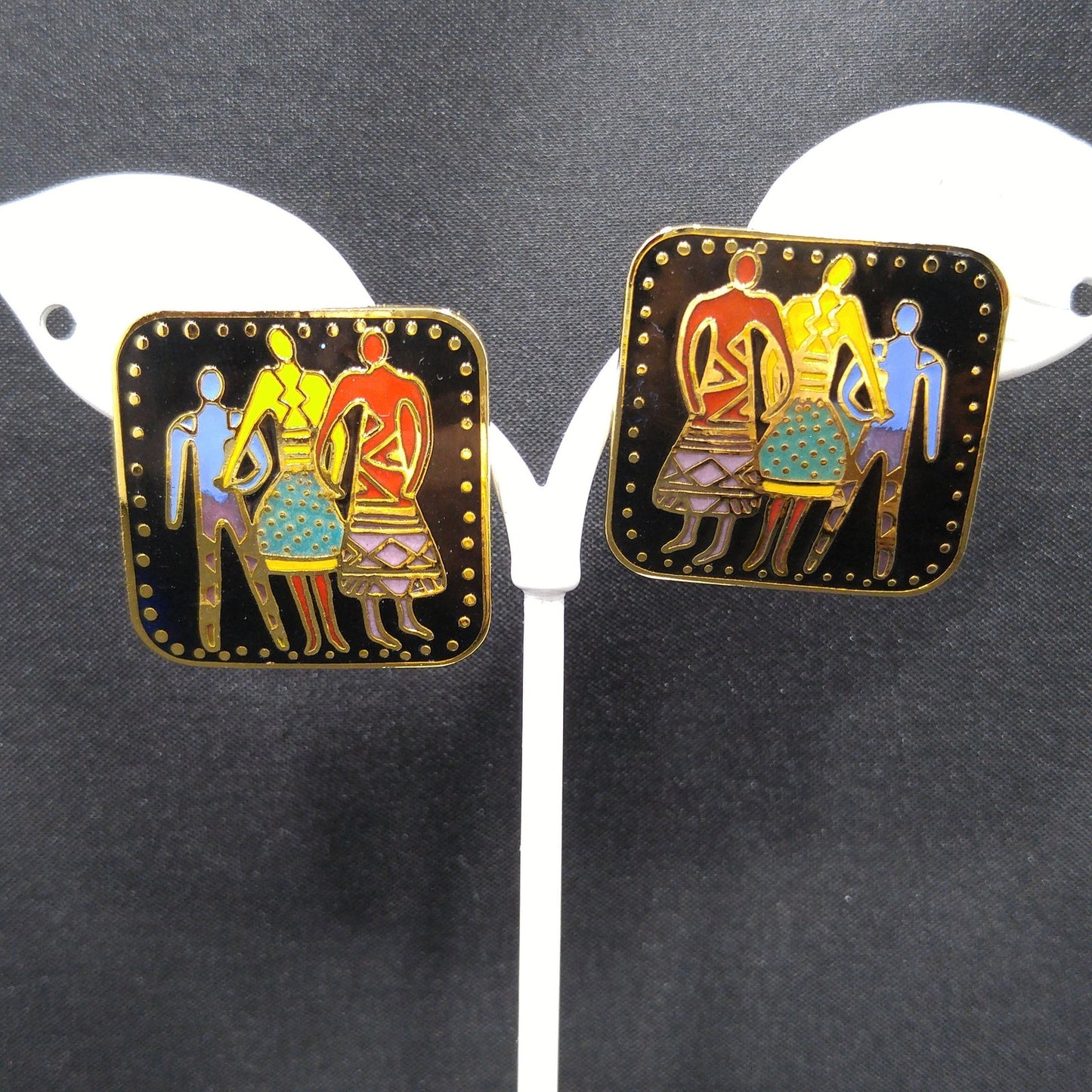 Vintage Laurel Burch "Familia" Post Earrings, Gold Plate Enamel