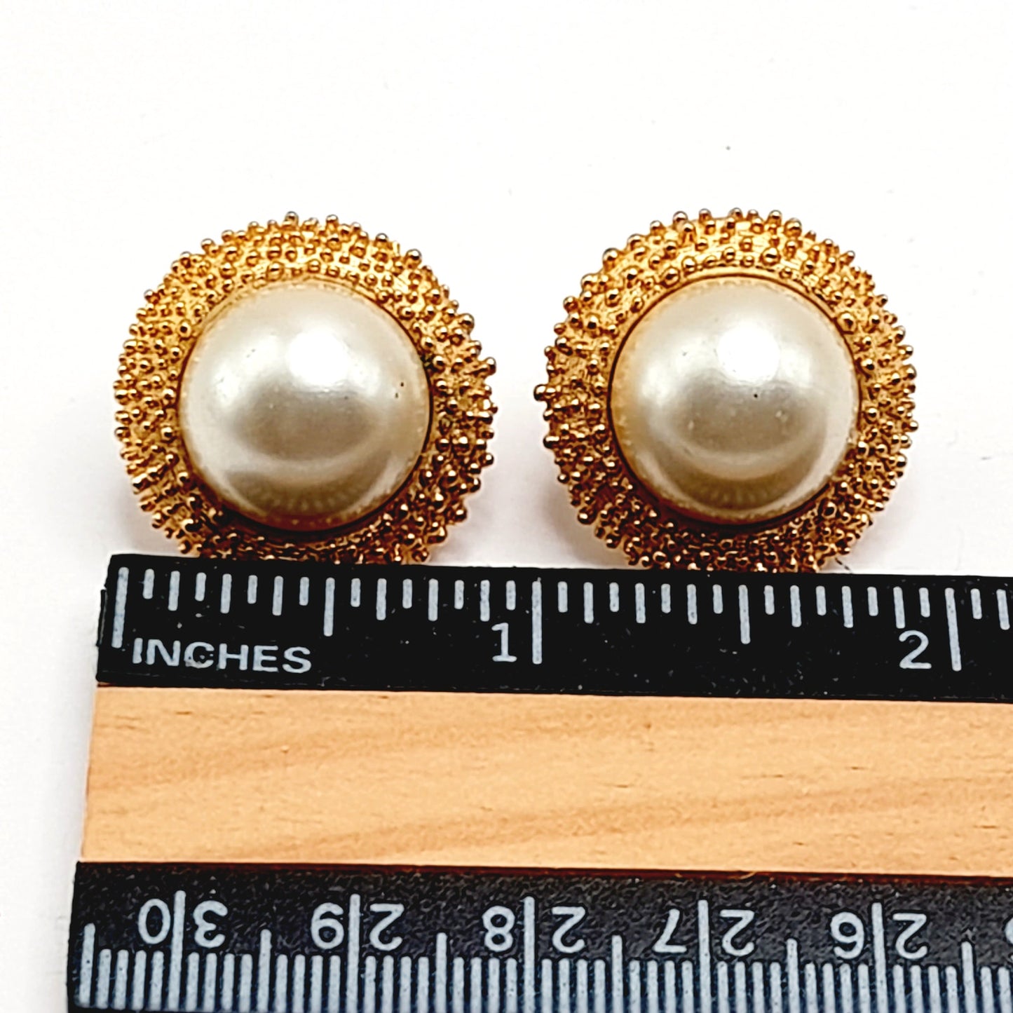 Vintage Crown Trifari Gold Clip Earrings, Brutalist Beaded Design w/ Faux Pearl