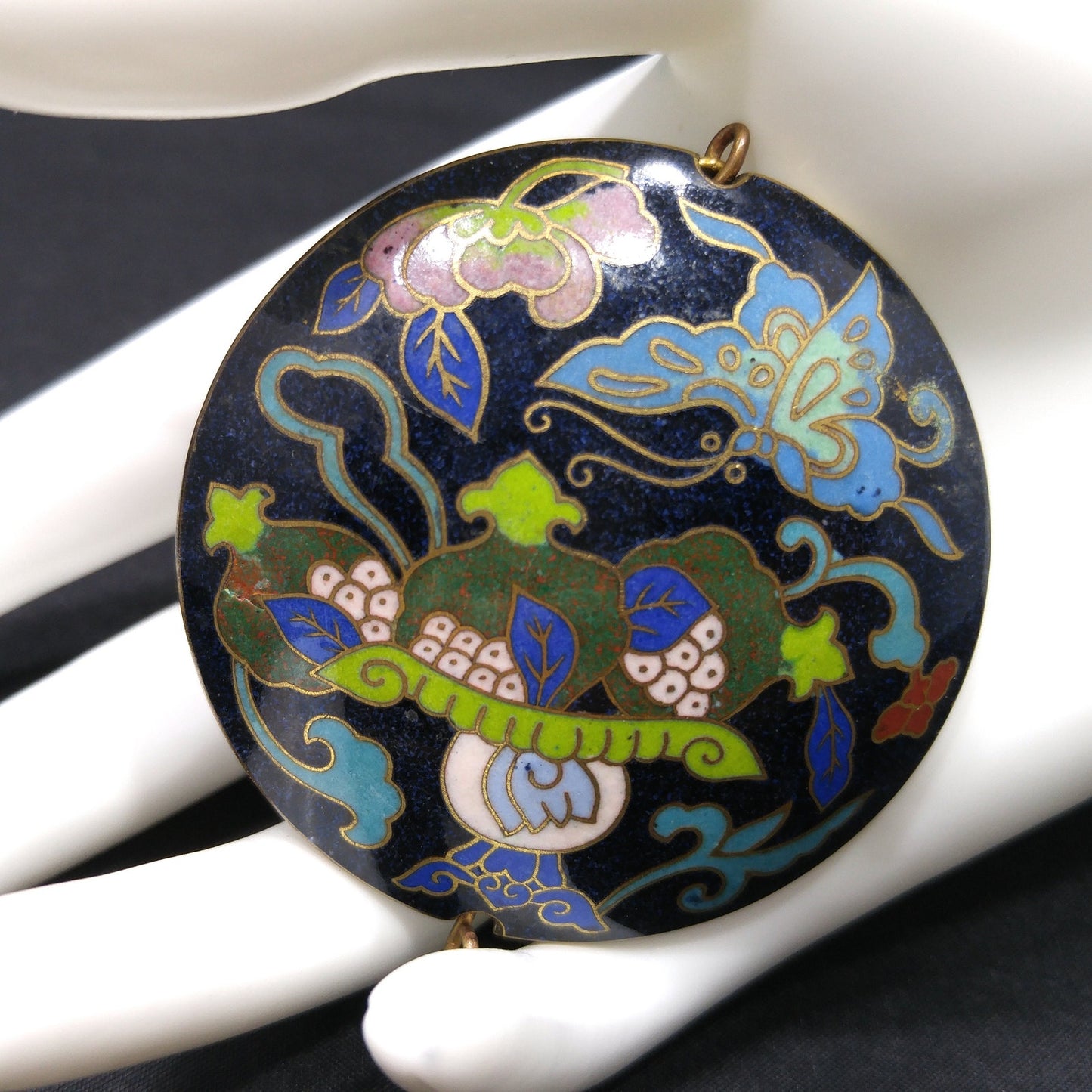 Vintage Cloisonné Double Sided Large Pendant, Blue Enamel Butterfly, 1960s Vintage Jewelry