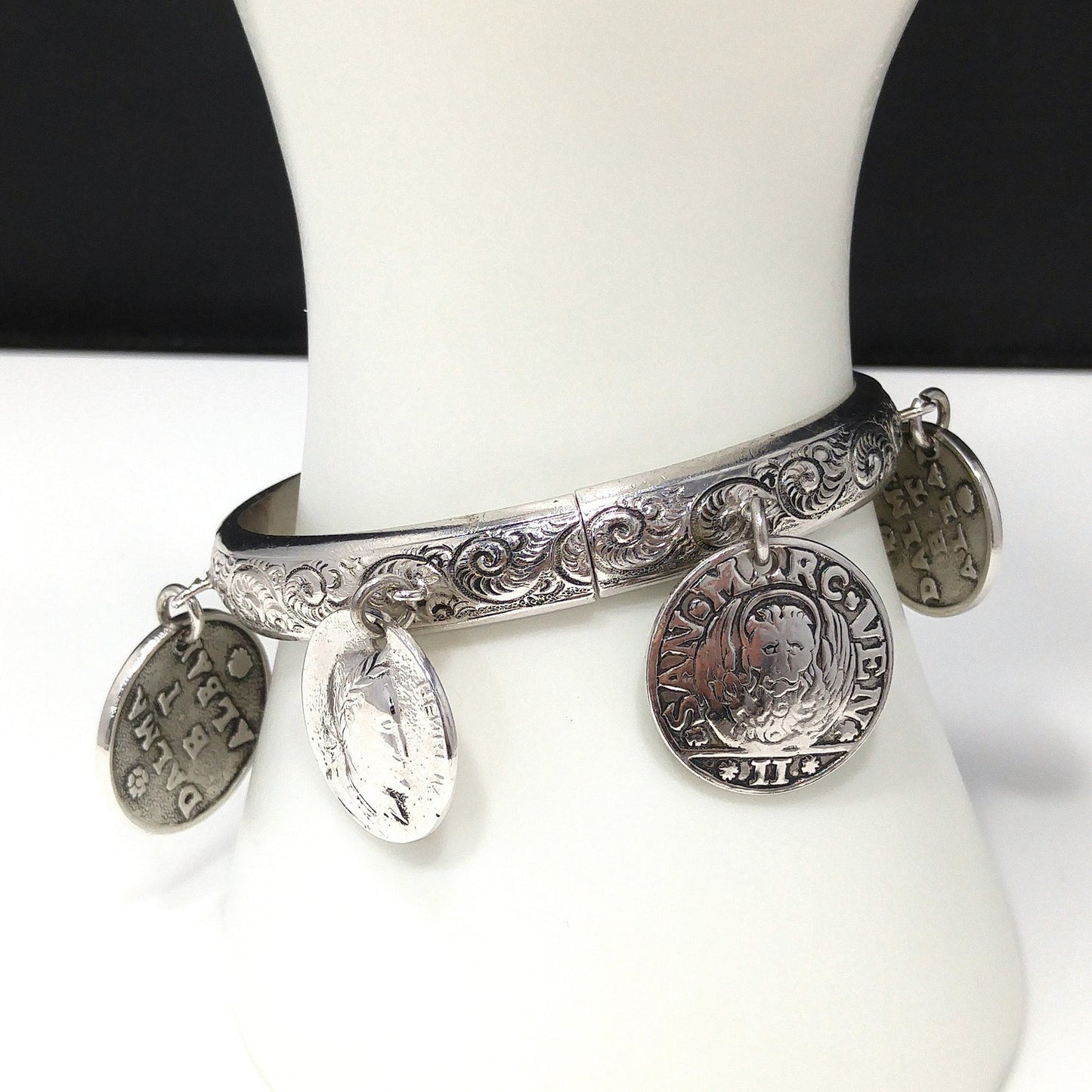 Whiting & Davis Hinged Bracelet, Six Faux Coins, Book Piece, 1980s Vintage Jewelry