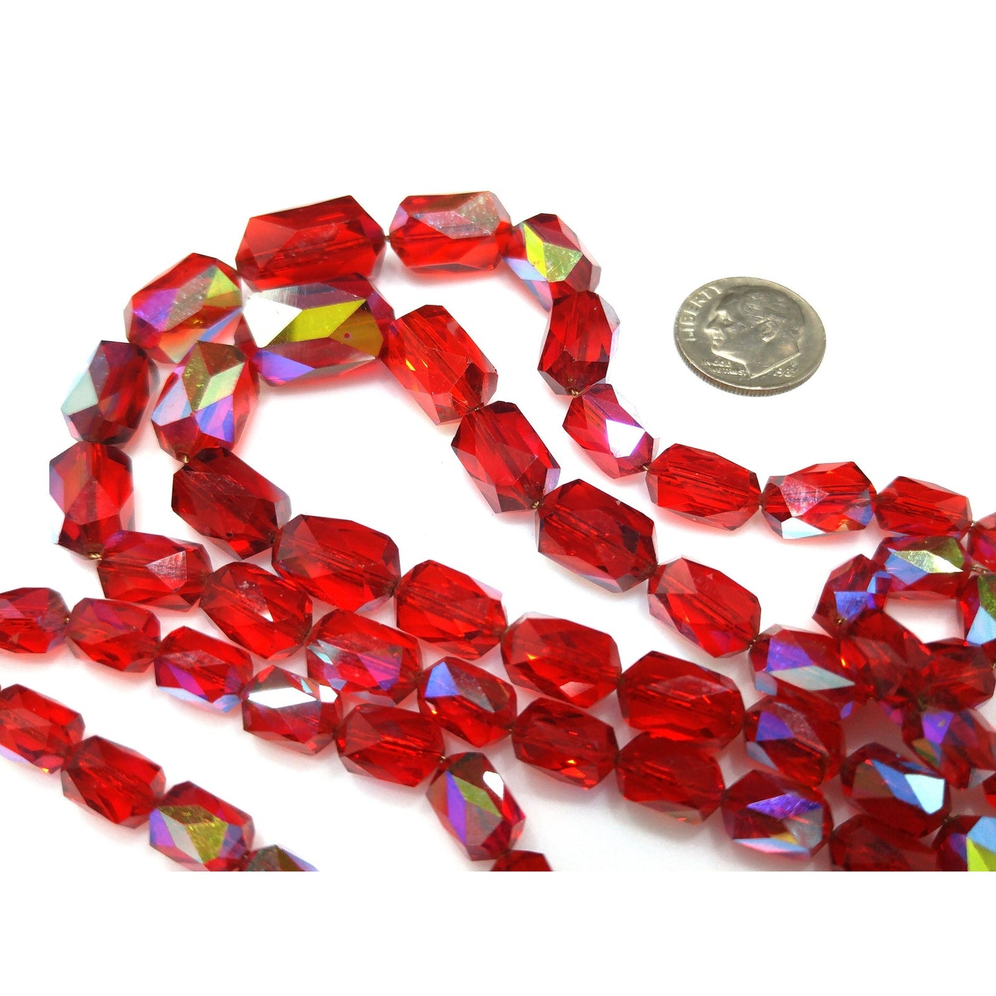 Red Aurora Borealis Graduated Beaded Two Strand Necklace on Chain, 1970s Vintage Jewelry