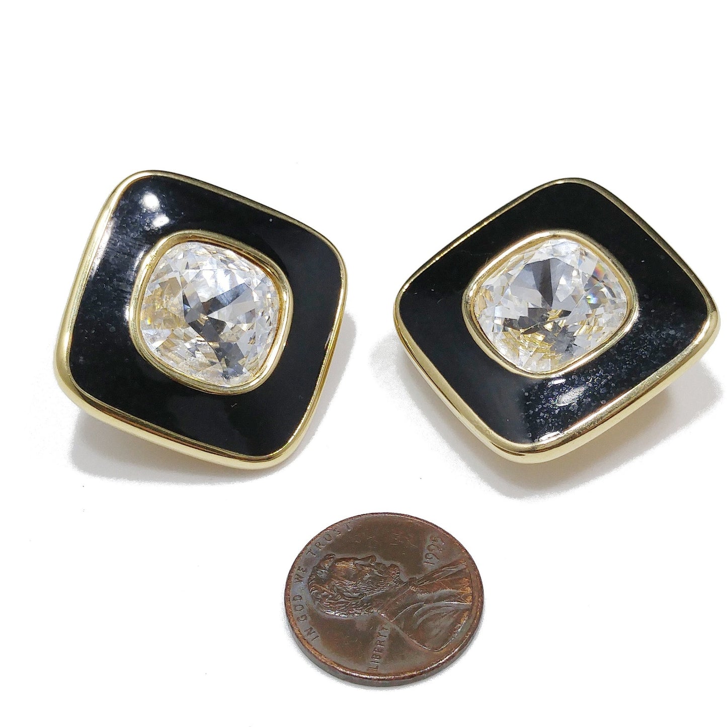 Swarovski S.A.L. Earrings, Clear Crystal & Black Enamel, 1970s–1980s Vintage