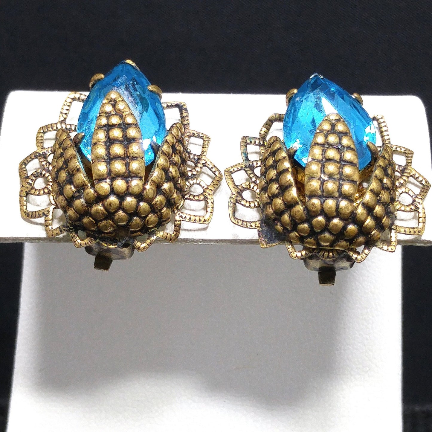 Germany Turquoise Filigree Clip Earrings, Large Rhinestone, 1940s Vintage Jewelry