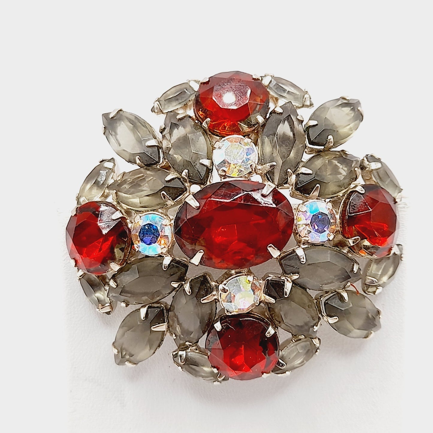 Vintage Rhinestone Brooch, Red Aurora Borealis Pin, Smoky Gray Navettes, 1960s Mid-Century Jewelry