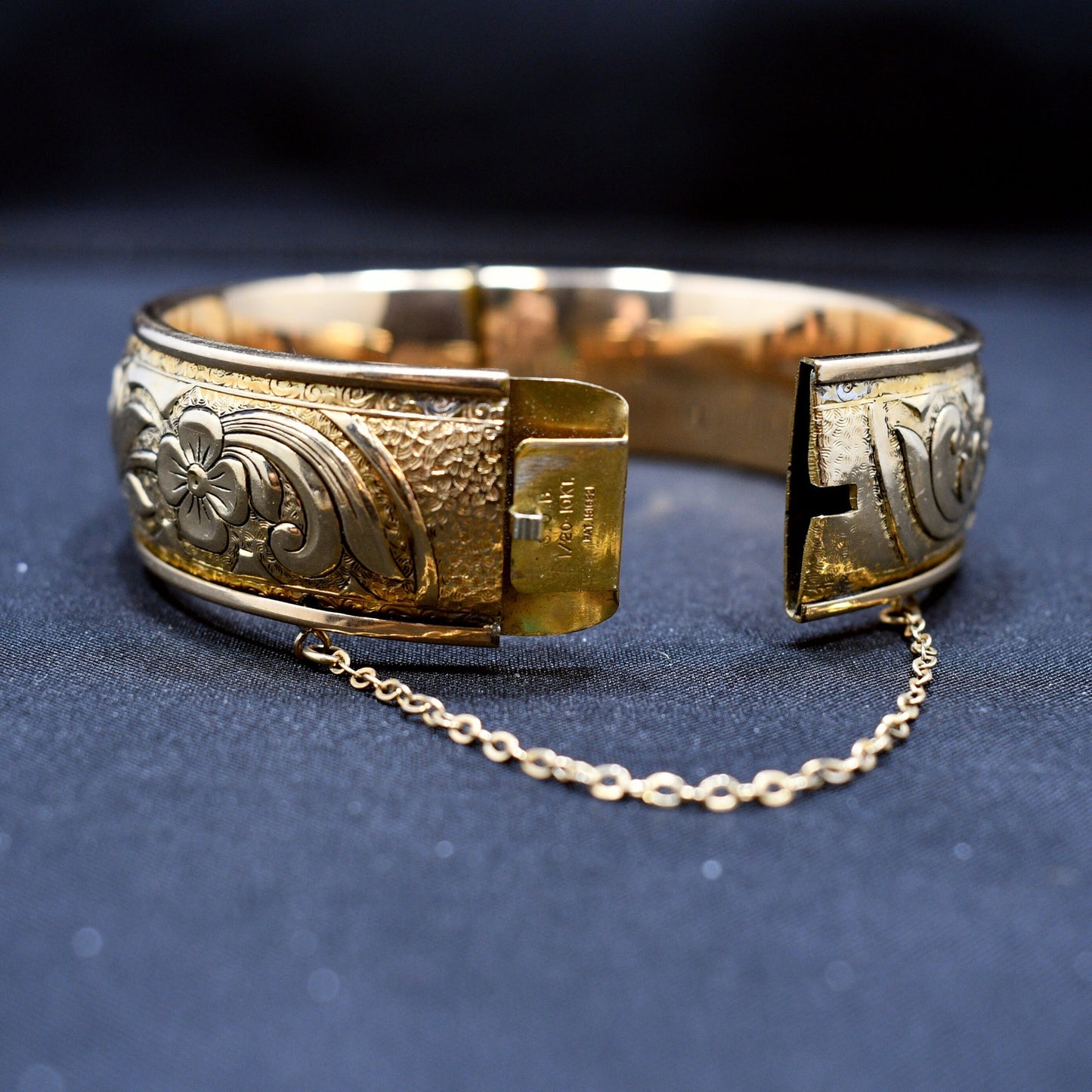 S O Bigney Gold Filled Floral Hinged Bracelet, Safety Chain, 1930s Vintage Jewelry