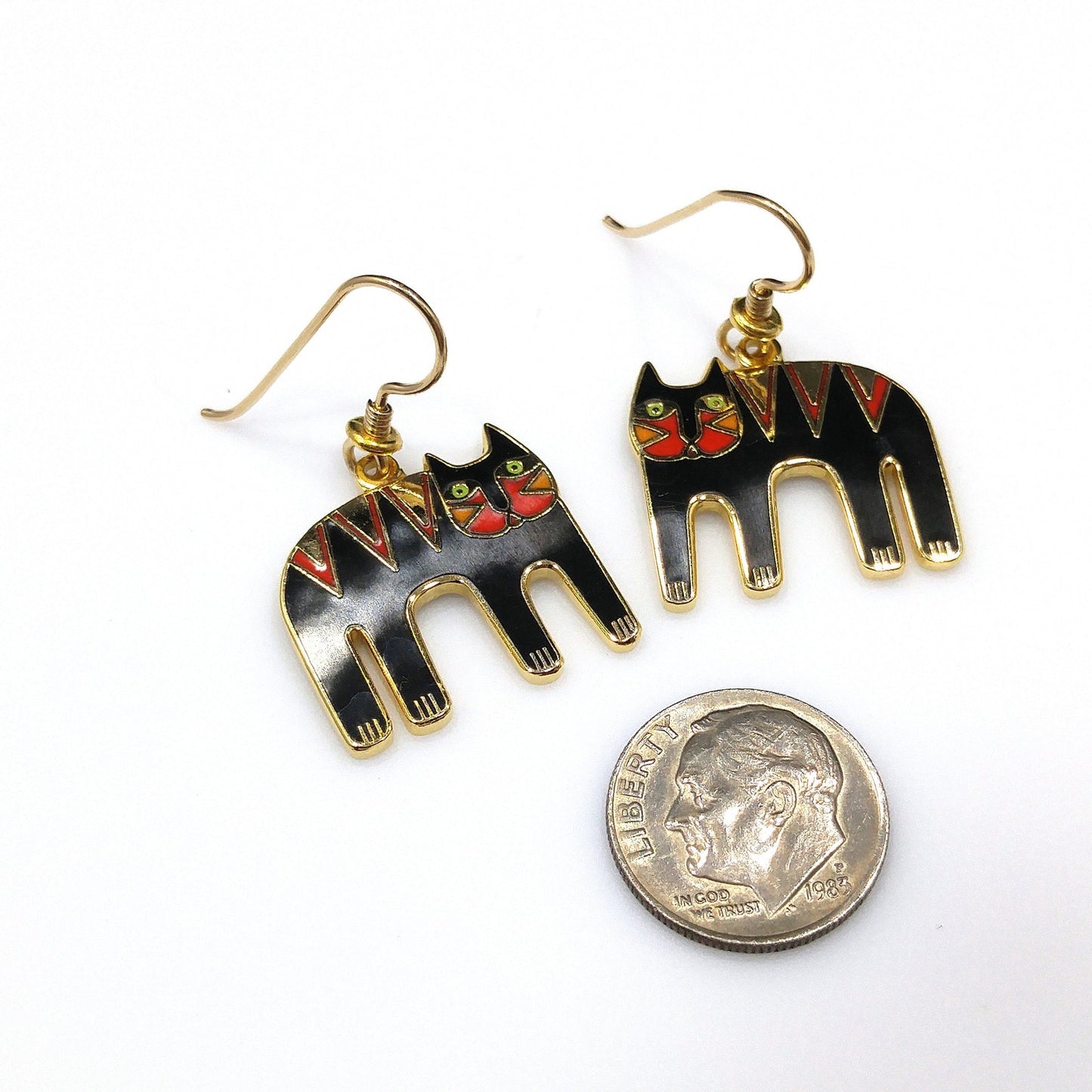Vintage Laurel Burch "Tiger" Drop Earrings, Gold Plated, Black Red Enamel, 2005