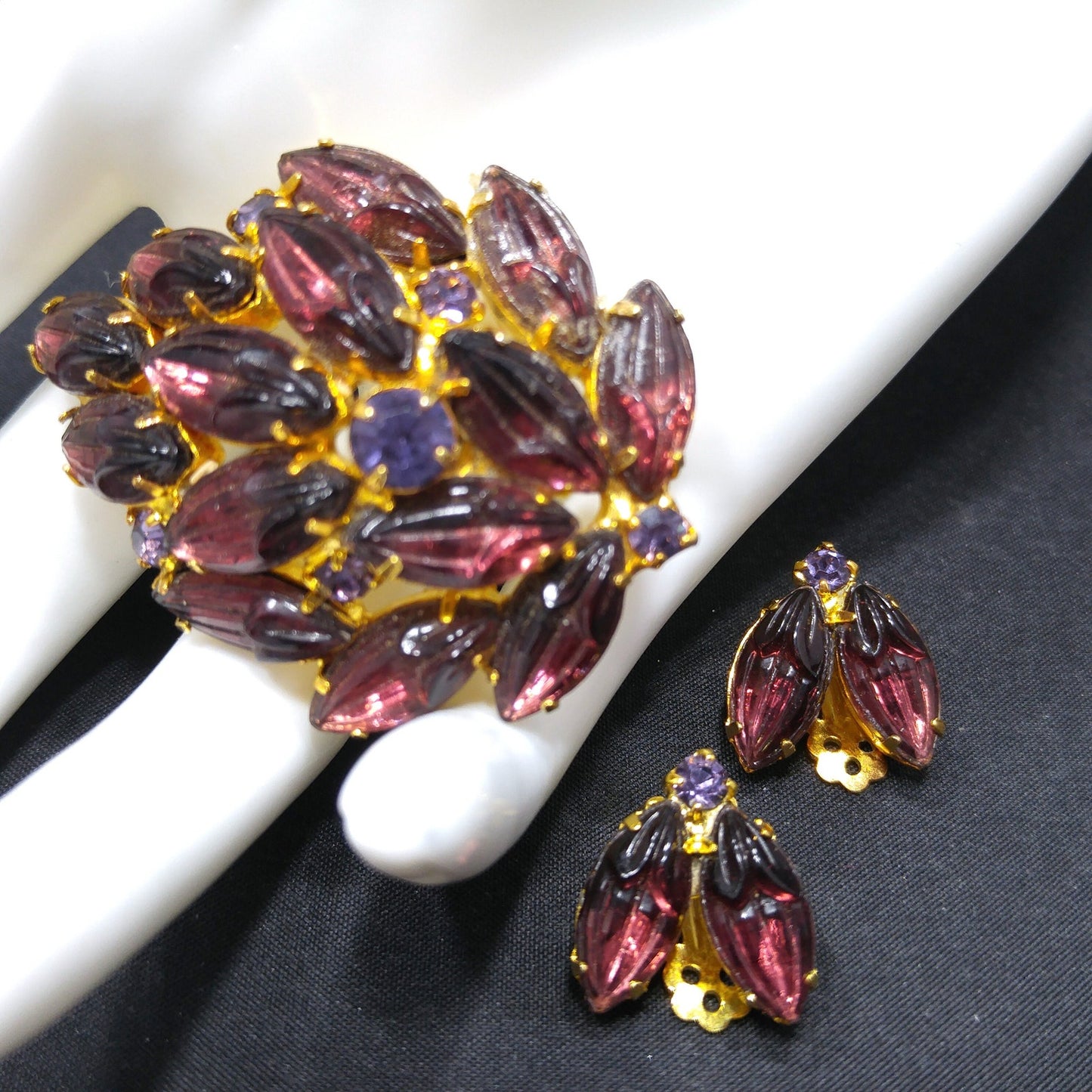 Purple Rhinestone Molded Art Glass Brooch & Earrings, Purple Rhinestones, Gold Plated, 1960s Vintage Jewelry