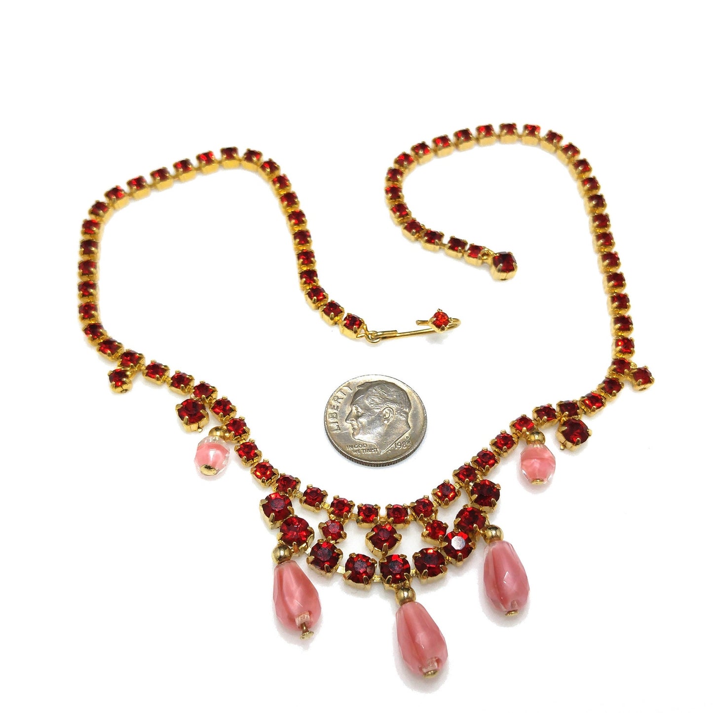 Red Rhinestone Pink Bead Choker Necklace, Gold Plated, 1950s Vintage Jewelry