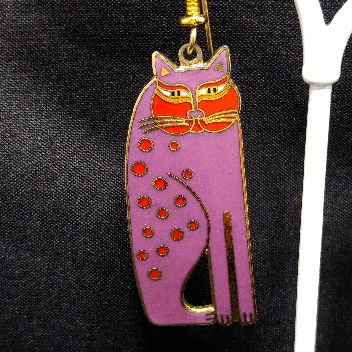 Laurel Burch "Siamese Cats" Long Earrings, Gold Plated, Purple Enamel, 1980s Vintage Jewelry
