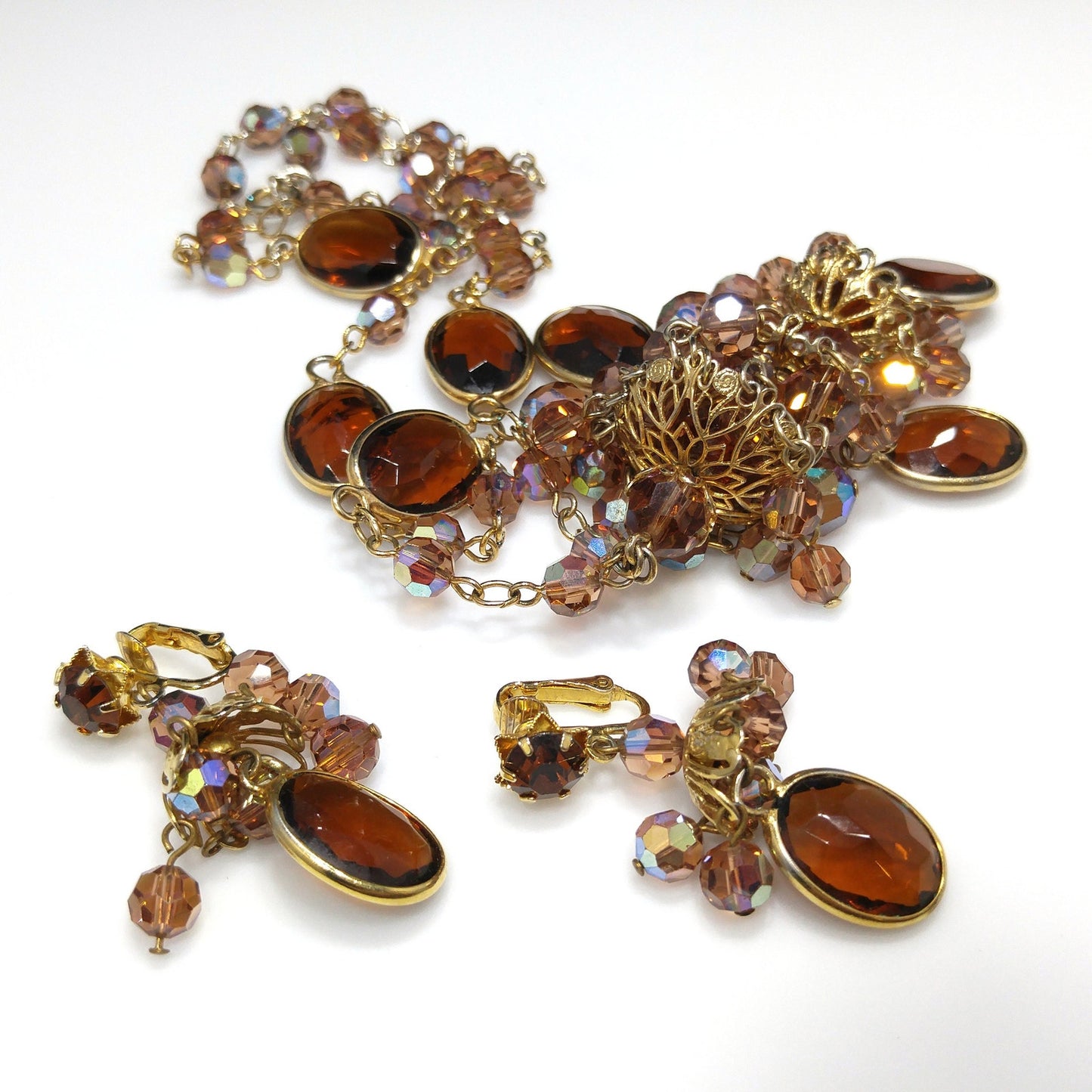 Filigree Chandelier Pendant Necklace & Earrings, Topaz Crystal Beads, 1970s Vintage Jewelry