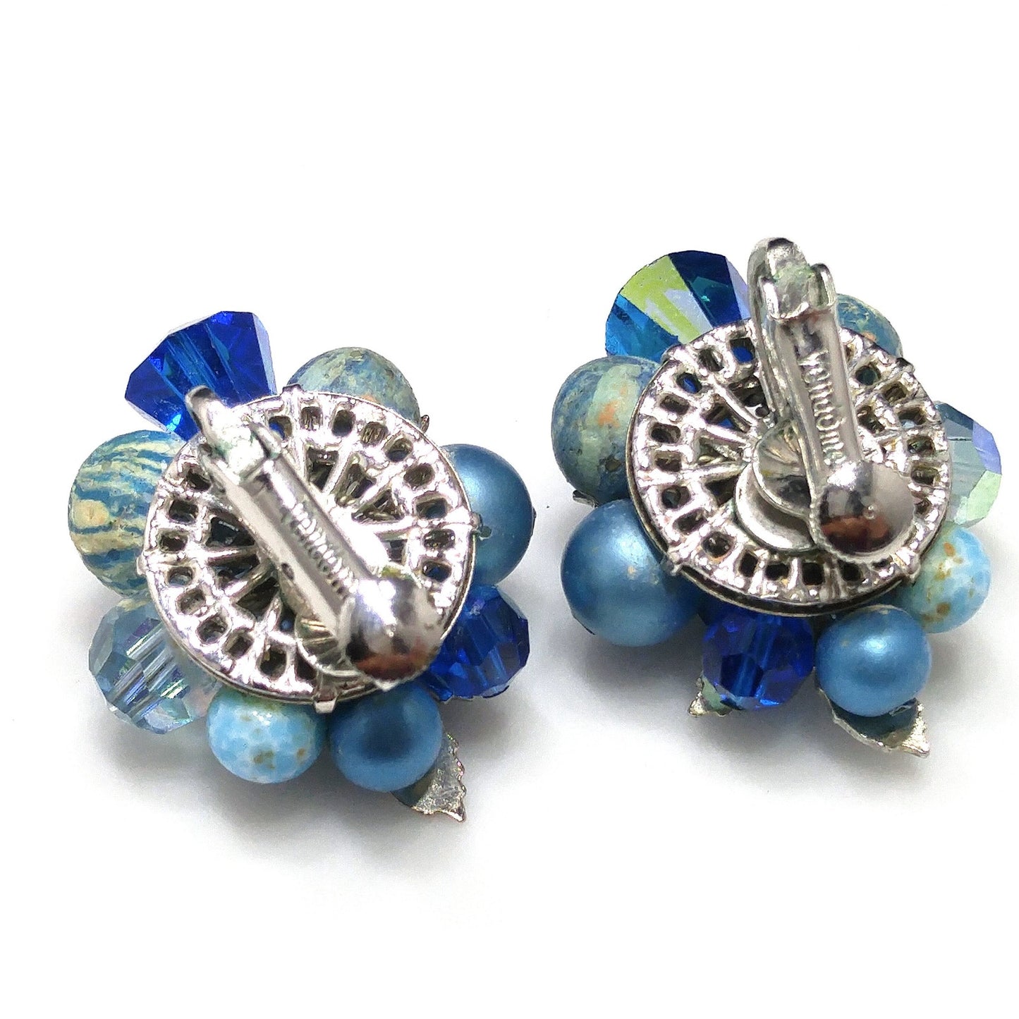 Vendome Blue Beaded Clip Earrings, Aurora Borealis, Silver Leaves, 1960s Vintage Jewelry